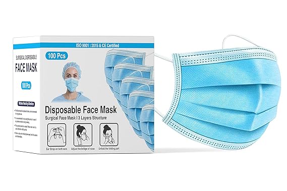 Daluci Nonwoven Fabric Disposable 3Ply Surgical Face Mask (Blue, Without Valve, Pack of 100) for Unisex