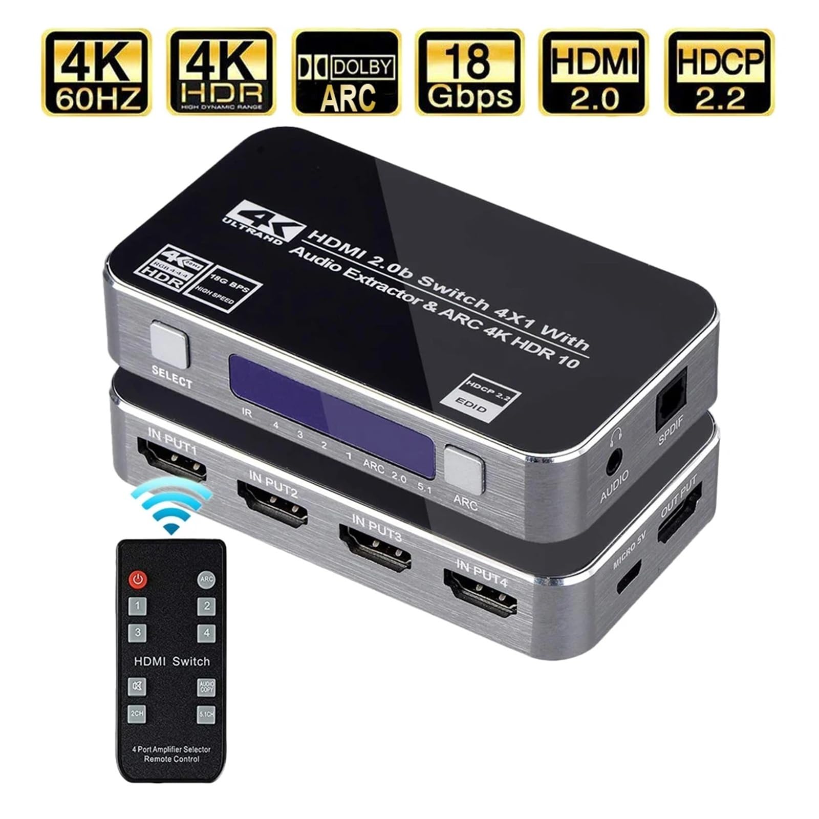Conmutador 4K 2.0, Extractor de conmutadores, Divisor HDR ARC 4X1 con Control Remoto (Entrada + toslink + Salida estéreo)(ZY-HA001)