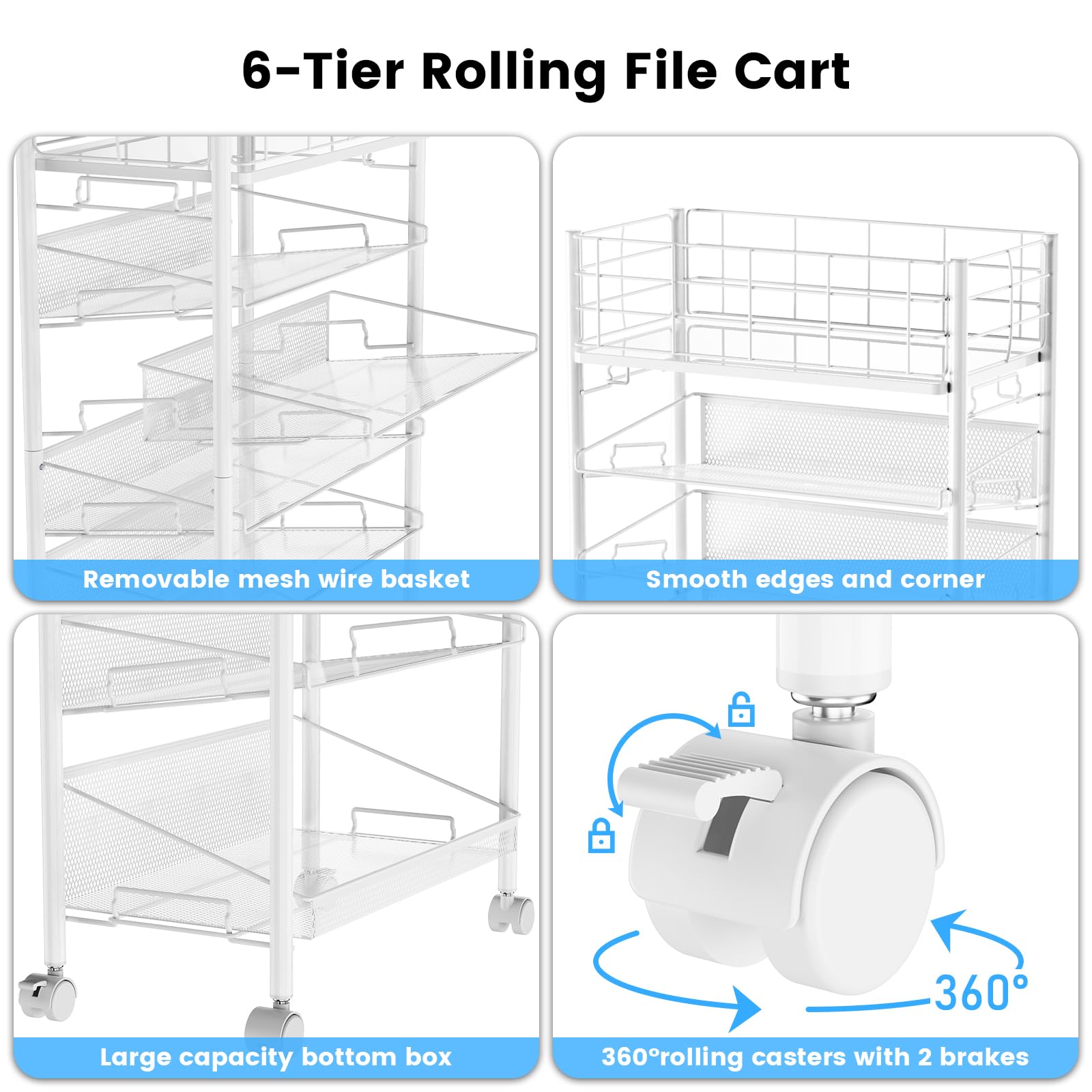 Carrello Portadocumenti Ufficio 6 Ripiani con Ruote Mobile Salvaspazio Multifunzionale Acciaio Porta Schedario Cucina Storage Rack (Bianco)