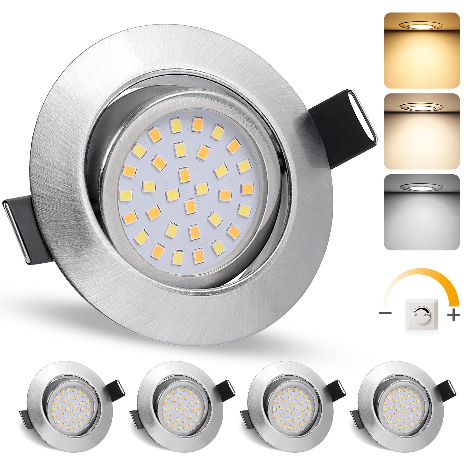 GeyouLux LED Einbaustrahler 230V IP44, 6W Dimmbar Deckenspots, Einbauleuchten 65-75mm EinbauØ, 45° Schwenkbar 3000K Warmweiß 4000K Neutralweiß 6500K Kaltweiß Ultra Flach Einbauspots, 4er Set Nickel