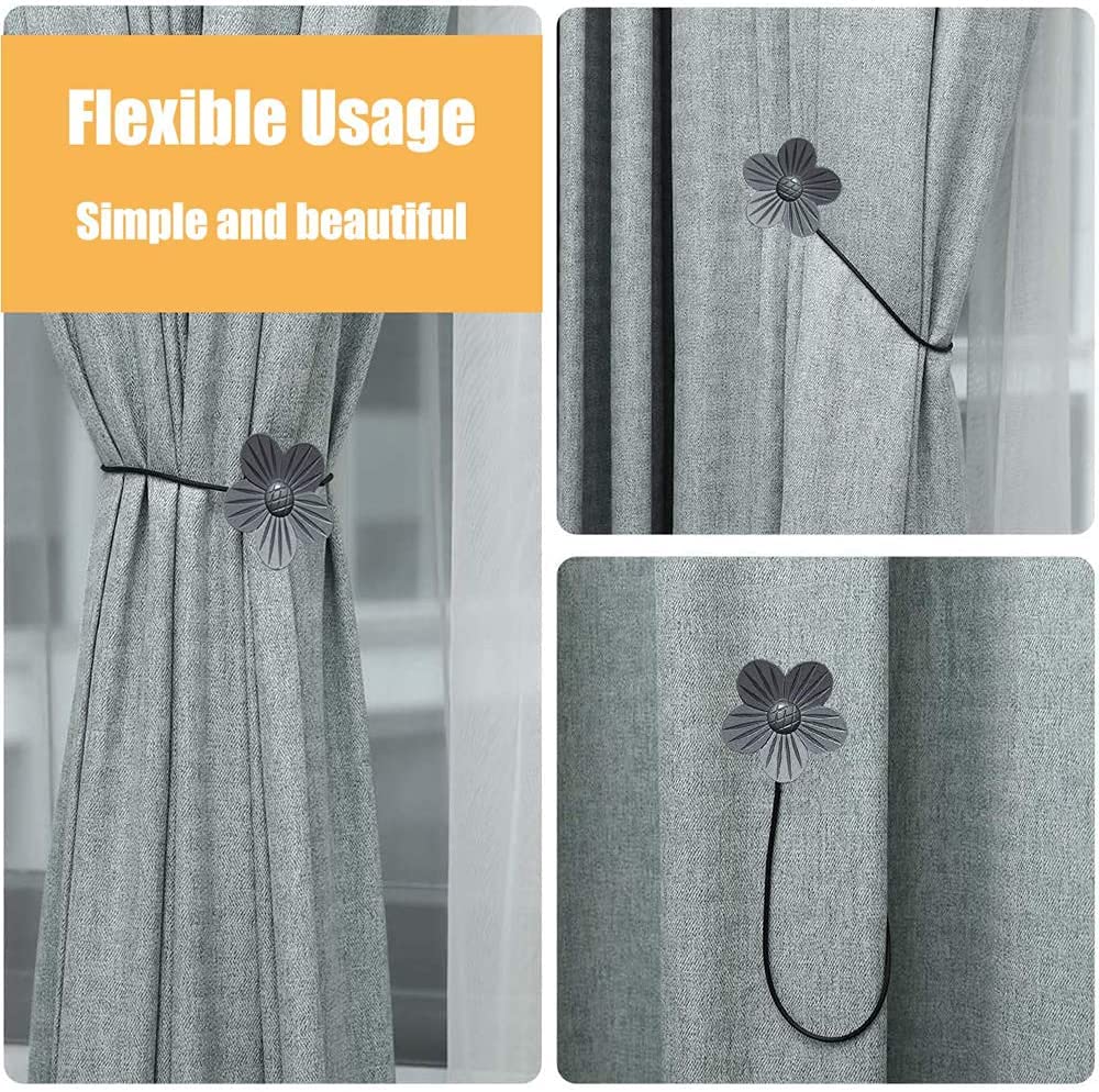 Anneau de rideau Aimant Sangle de rideau, Boucle de rideau de fleurs 2 pièces, Embrasses de rideau, Corde de rideau, Sans poinçon, Fleurs en métal, pour accessoires de rideau de chambre à coucher de