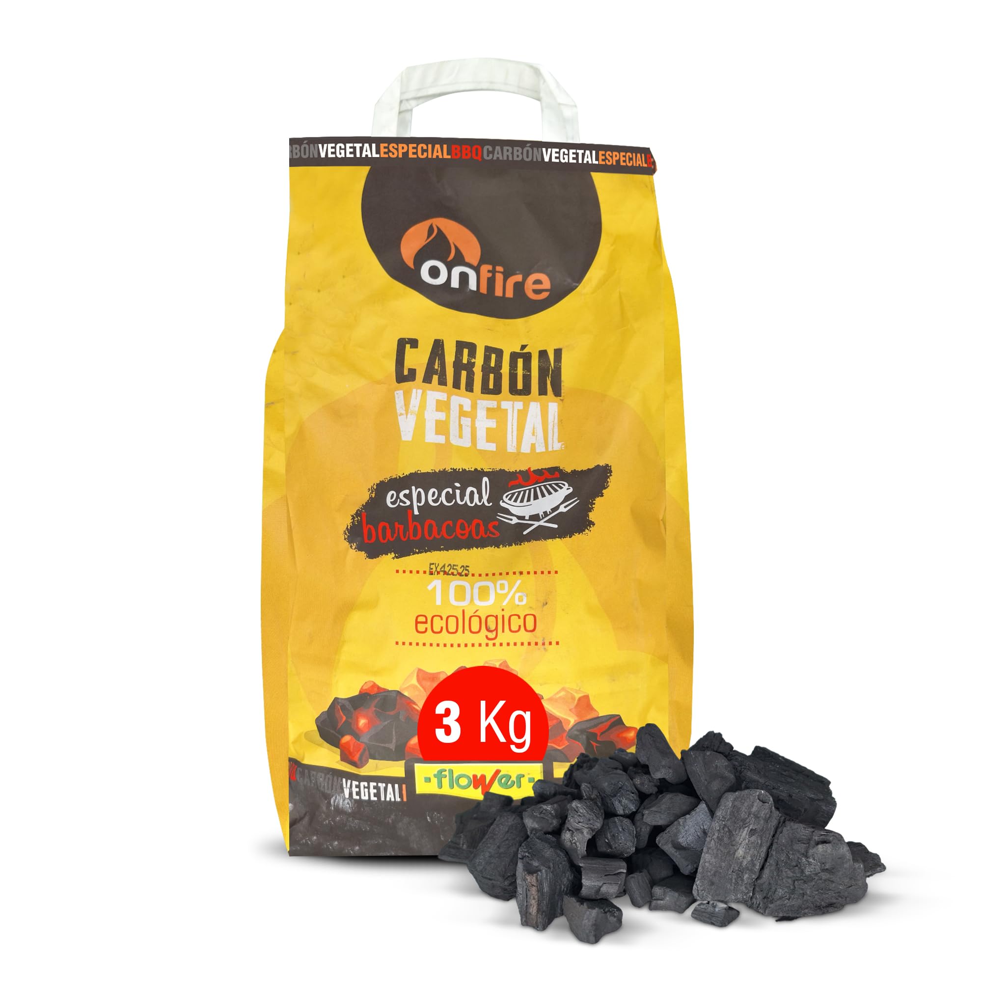 FLOWER Carbon Barbacoa Vegetal 100% Natural 12 KG | Carbón Barbacoas, Parrilas y Chimeneas Sin Humo, Sin Aditivos Químicos Ni Minerales | Alto Poder Calorífico | Encendido Rápido y Fácil (12 KG)