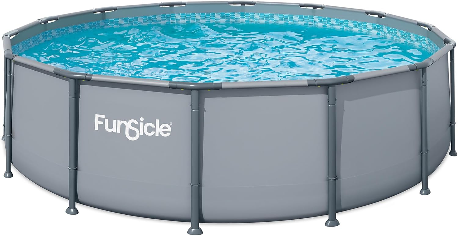 Funsicle Oasis 14' x 42" Round Above Ground Swimming Pool, Includes FiltraBoost 1200 GPH Filter Pump with AutoSkimmer, Ladder, Cover Ground Cloth, Type C Filter Cartridge & Repair Patch, Cool Gray