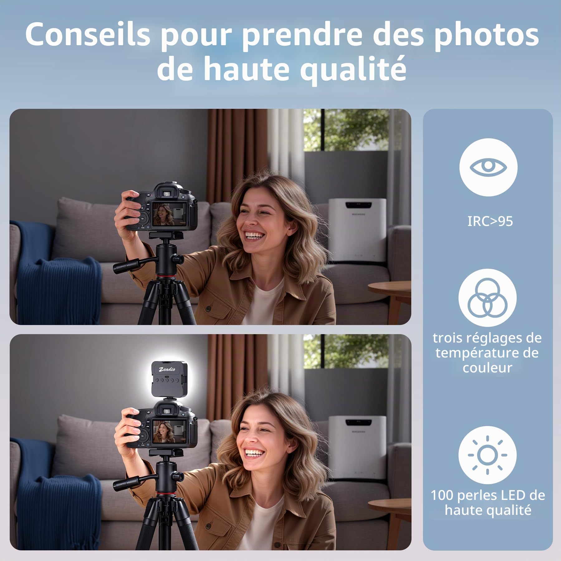 Zeadio Lampe vidéo Portable pour Selfie avec Clip, lumière LED Rechargeable IRC 95+/20 Modes scène/3000 K-7000 K avec 3 Supports Griffes, Lot de 1
