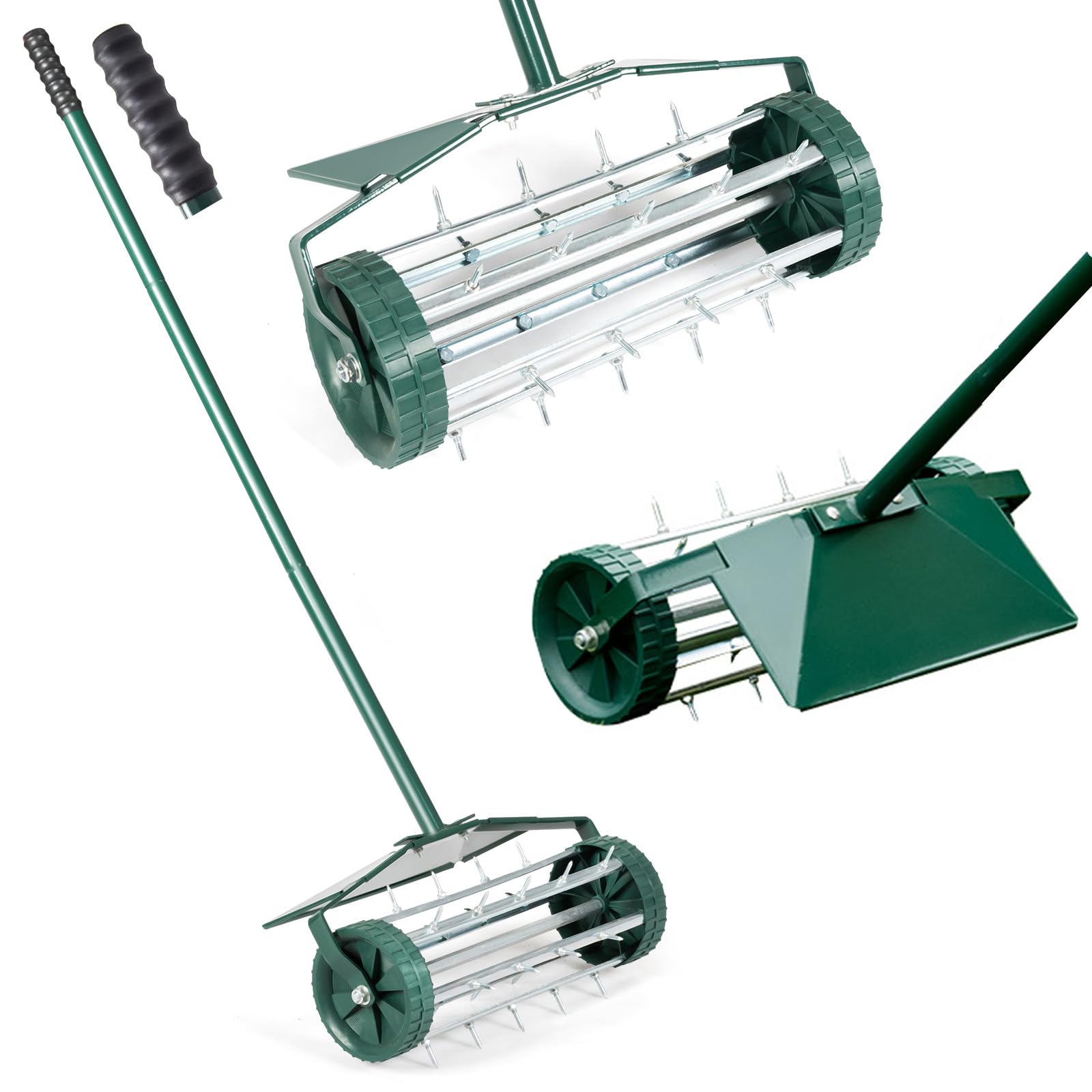 RELAX4LIFE Scarificateur Gazon Manuel avec Garde-Boue&Poignée&Rouleau à Pointes Rotatives, Rouleau Aérateur Gazon de Pelouse en Métal pour Jardin Cour Patio, Vert (avec Garde-Boue)