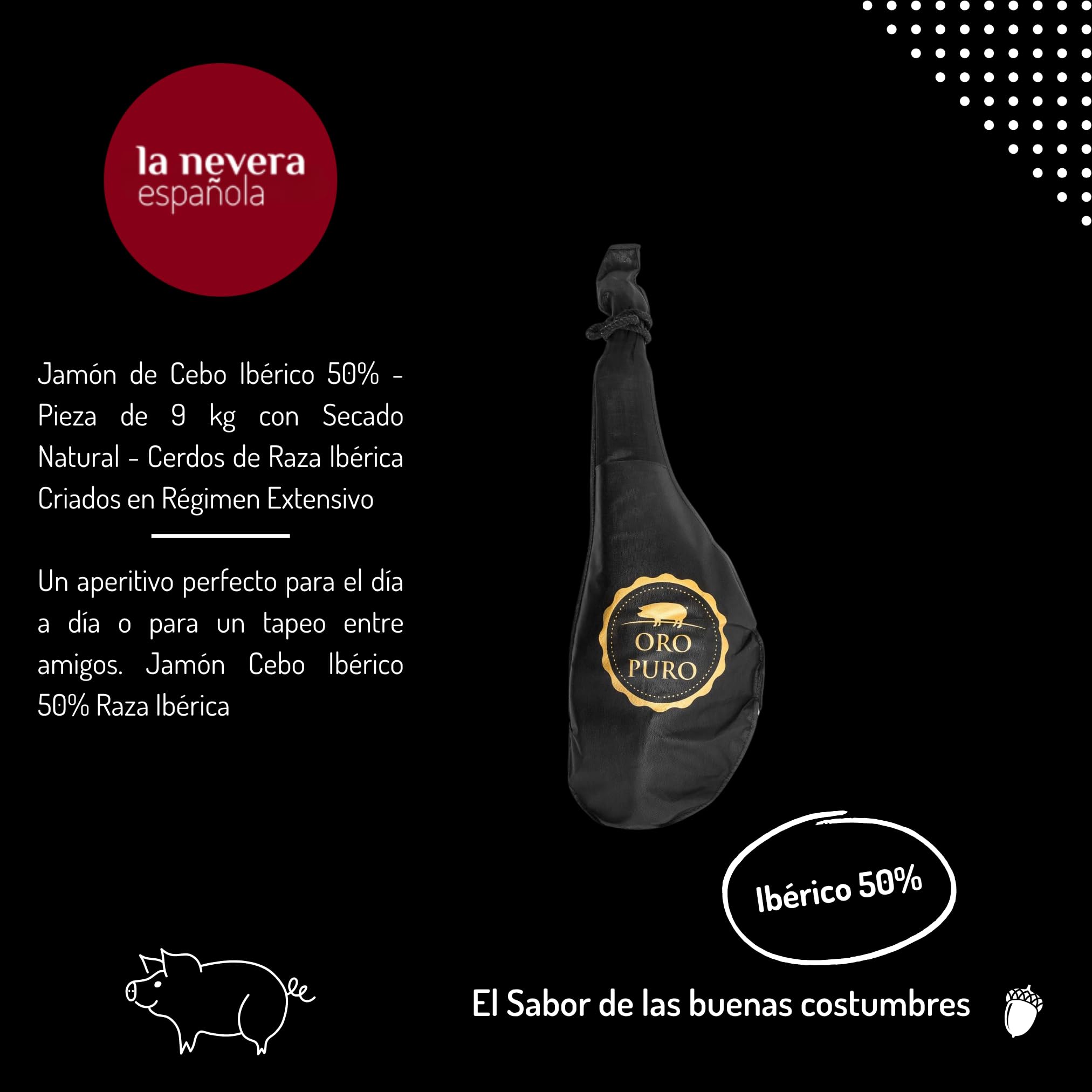 Oro Puro - Jamón de Cebo Ibérico 50% Raza Ibérica - Pieza de 9 kg Aprox con Curación + 24 meses y Secado natural - Cerdos en Régimen Extensivo