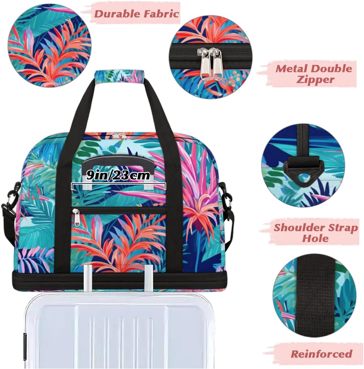 QsirBC Leaves Pattern Design Gym Bag for Women Duffle Tote with Shoes Compartment Men Weekender Duffel for Dance Travel Sports Swimming Overnight