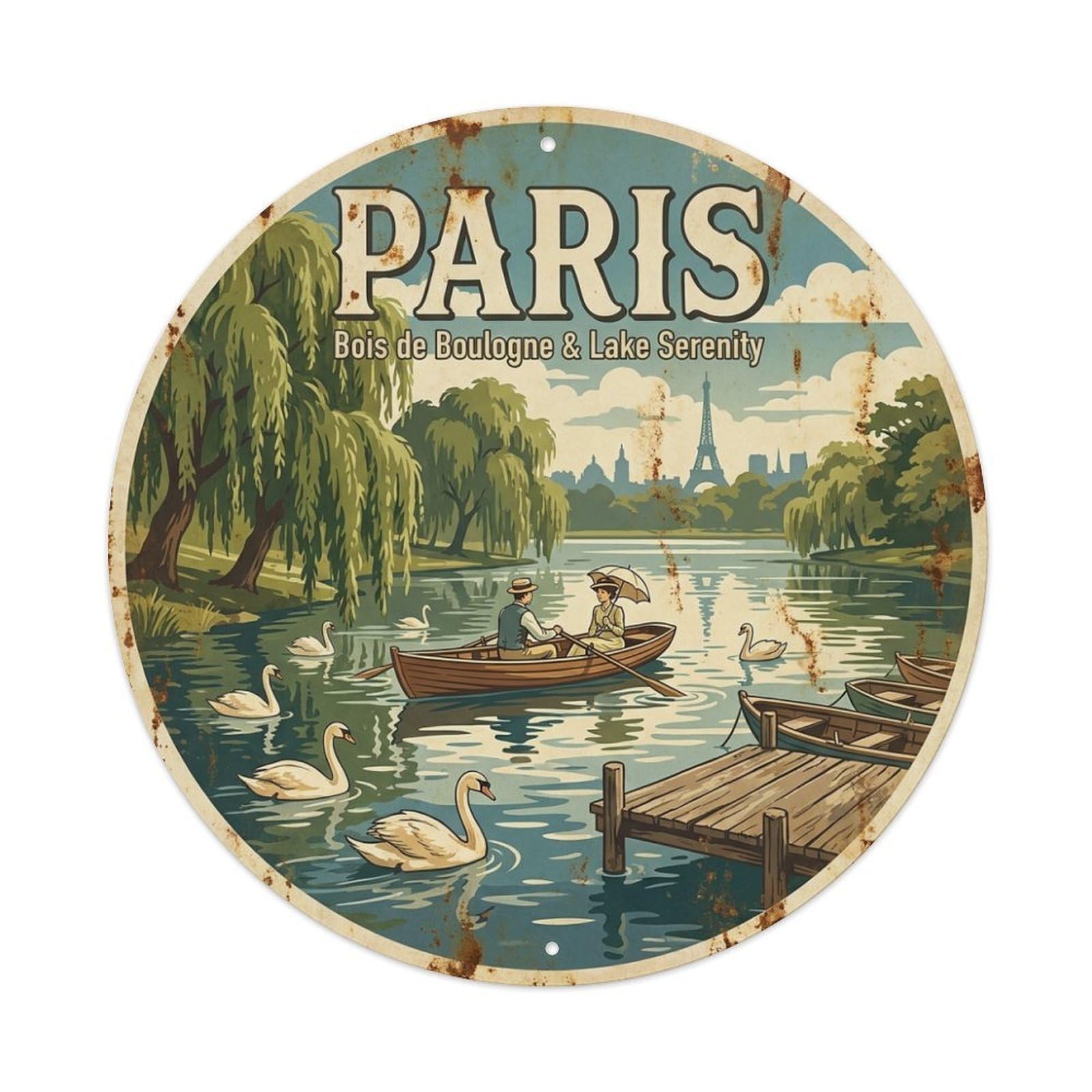 Olhnbad Style Coastal Route Paris Swan Lake Garden Row Travel Vintage Metal Tin Sign