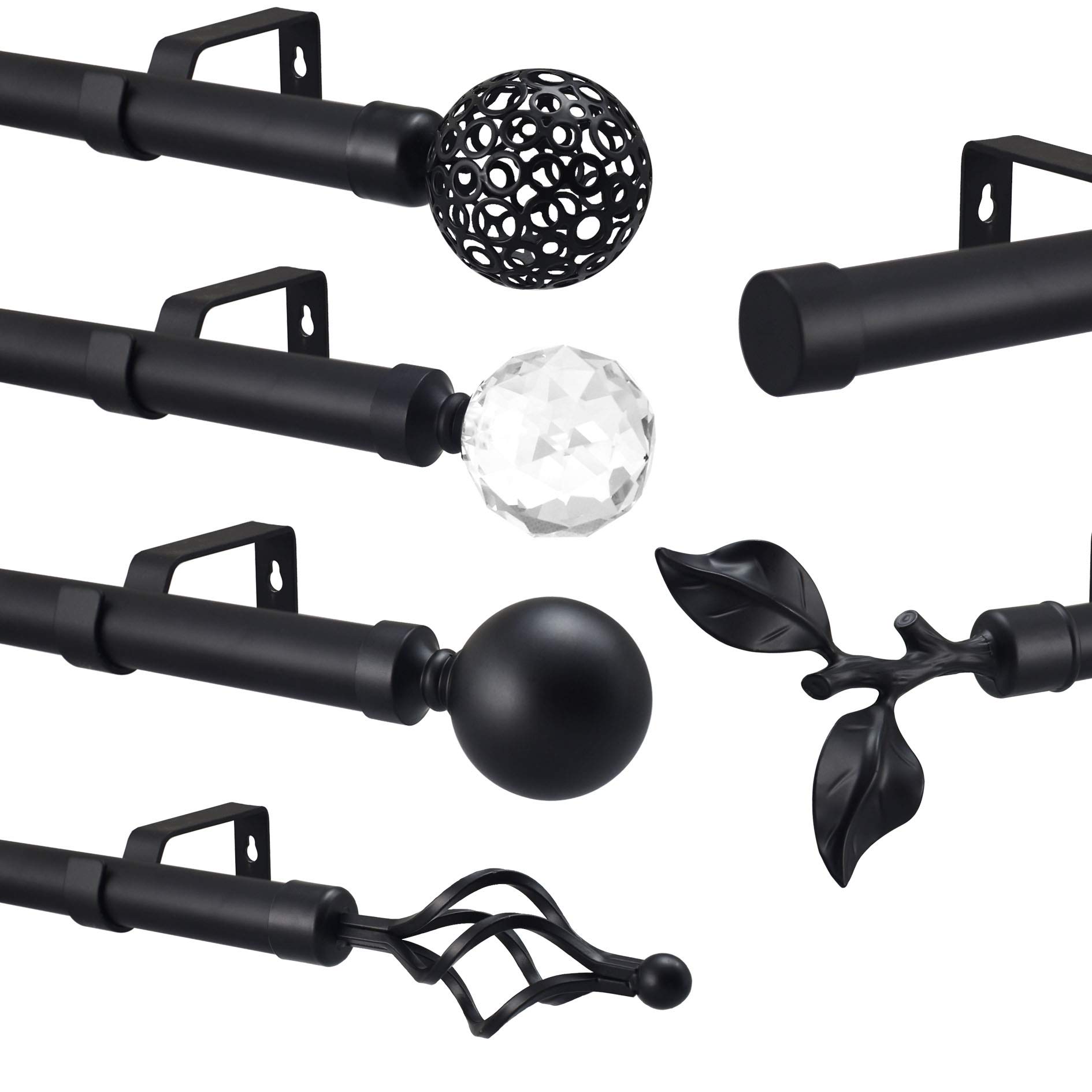 Extendable Curtain Pole Matt Black Metal Curtain Pole Set 28mm Includes Finials, Brackets & Fittings (1.2m - 2m Extendable, Riga Finial)