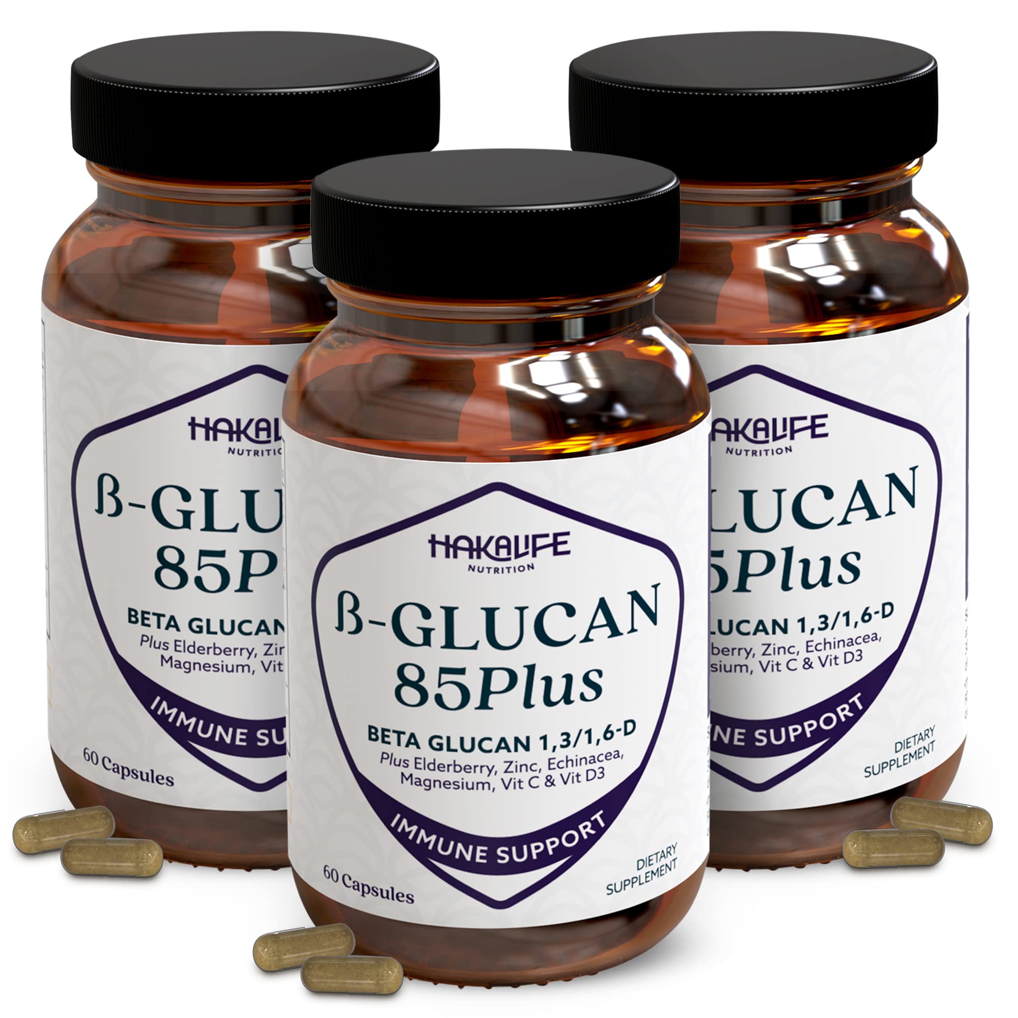 Beta-Glucans with Glucan85PLUS™ | Extra Strength Immune Support Supplement | Baker’s Yeast Glucan 1,3/1,6-D | Gluten Free | 6 Natural Ingredients | VIT C, Elderberry, D3, Echinacea, Zinc | 30 Day