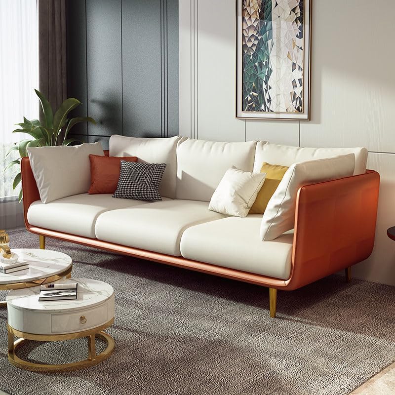 Image of Modern & Luxury Velvet Comfortable Sofa with Cushion Chaise Lounge Sectional Sofa Ideal for Living Room and Bedroom, Visitors' Home and Office. (3+1+1 Tan Leather+Velvet Beige)