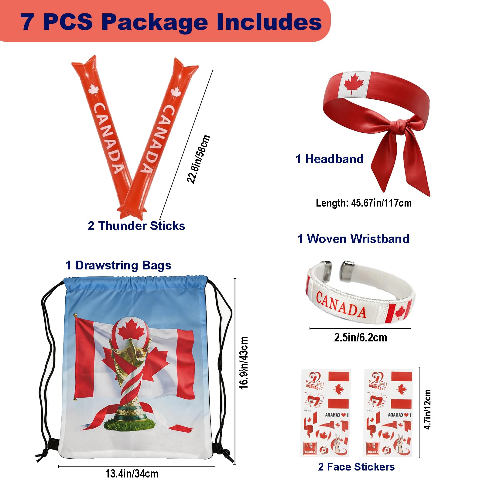 2026 World Cup Canada Soccer Fan Gear Set, 7-Piece Drawstring Backpack Decoration & Storage Set for World Cup & Patriotic Holidays - 4