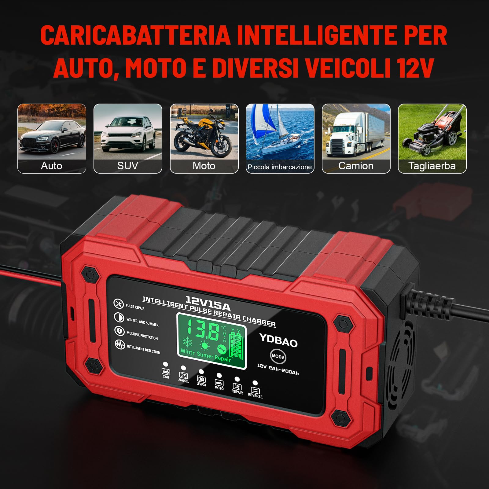 YDBAO 15A Caricabatteria per Auto 12V 15A Caricabatterie Intelligente Completamente Automatico da Auto con Display LCD con Compensazione della Temperatura per Moto Auto Batteria AGM Barche