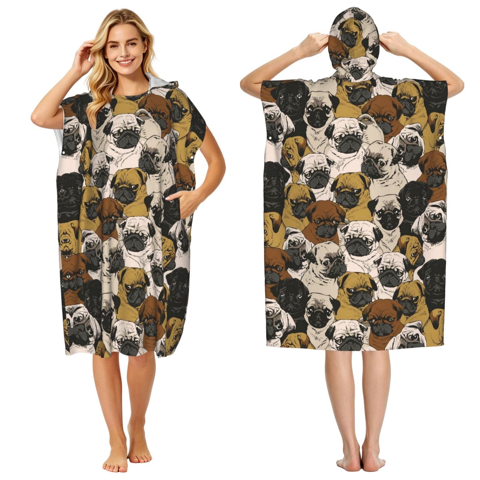 Poncho à capuche en microfibre avec imprimé carlin amusant pour plage et surf