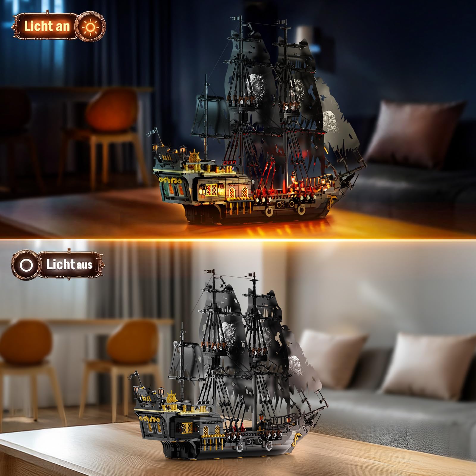 Piratenschiff Baustein Set mit Lichtern, Pearl Piratenschiff Modell Klemmbausteine für Sammler & Deko, Geschenk für Erwachsene Jugendliche Männer Jungen(1713 Stück)