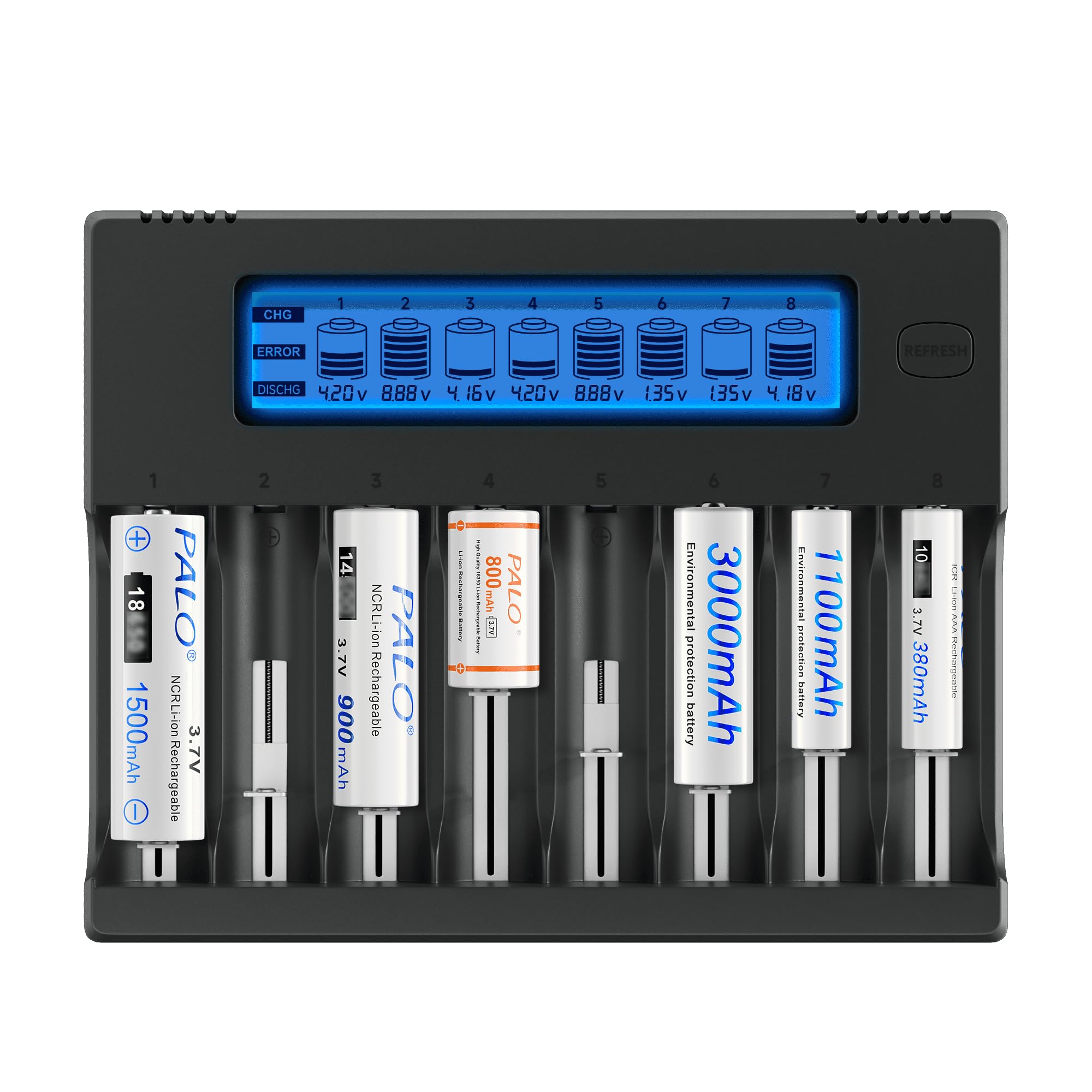 18650 21700 Chargeur de Batterie avec Fonction de Décharge - pour 3,7 V Li-ION 26650 18650 18490 18350 18500 17500 17670 16340(RCR123) 14500 10440 CR123A et 1,2 V AA/AAA Piles