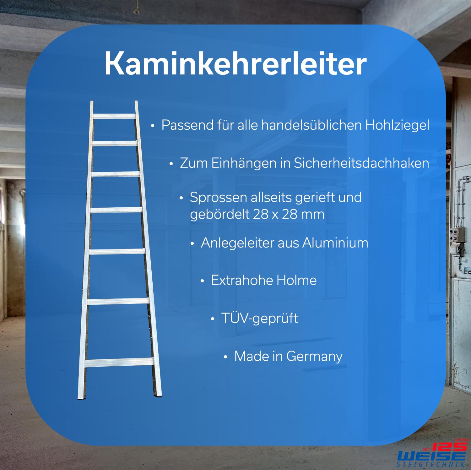 Weise Kaminkehrerleiter 1,96 m einteilig, 7 geriefte & gebördelte Sprossen, robuste & sichere Dachleiter für Schornsteinfeger, passend für handelsübliche Hohlziegel, nach DIN 18160-5/ EN 131