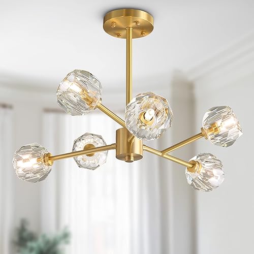 MOOONICHE Sputnik Chandelier Gold Mid Century Modern Ceiling Light Crystal Chandelier Brass Ceiling Light Fixture for Living Room Bedroom 6 Lights