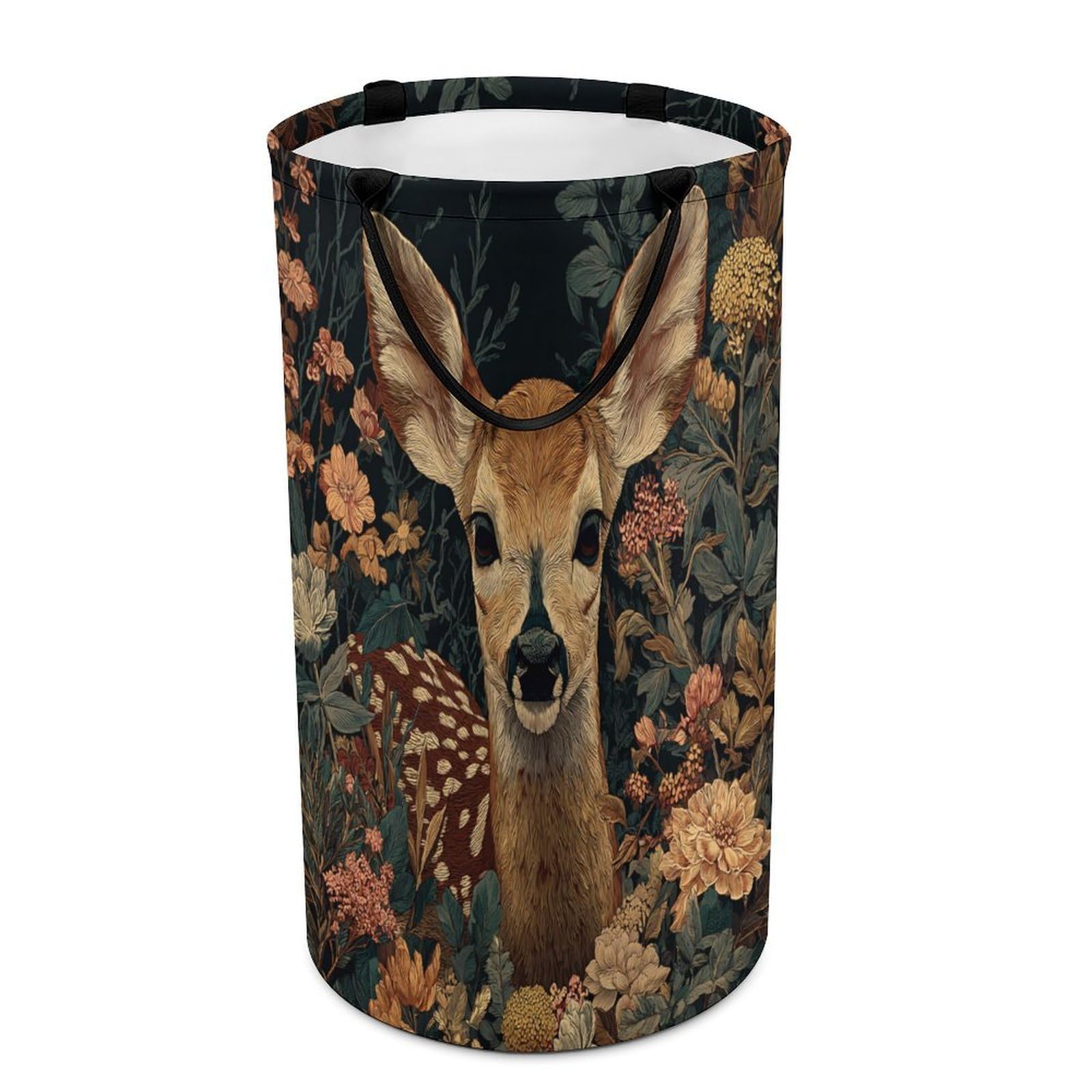 LUYYSKY Retro Watercolor Cute Deer Collapsible Dirty Clothes Basket, Vintage Classic William Morris Botanical Floral Animal Elk Portable Clothes Storage Basket