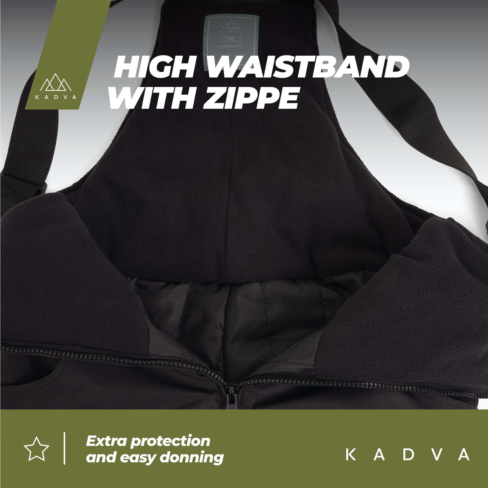 KADVA Skihose für Kinder SKIRO Pants JR in Schwarz Größe 110 cm Wasser- und Winddicht mit offenen Taschen und Hosenträgern Ausgestattet mit reflektierenden Elementen und Logo