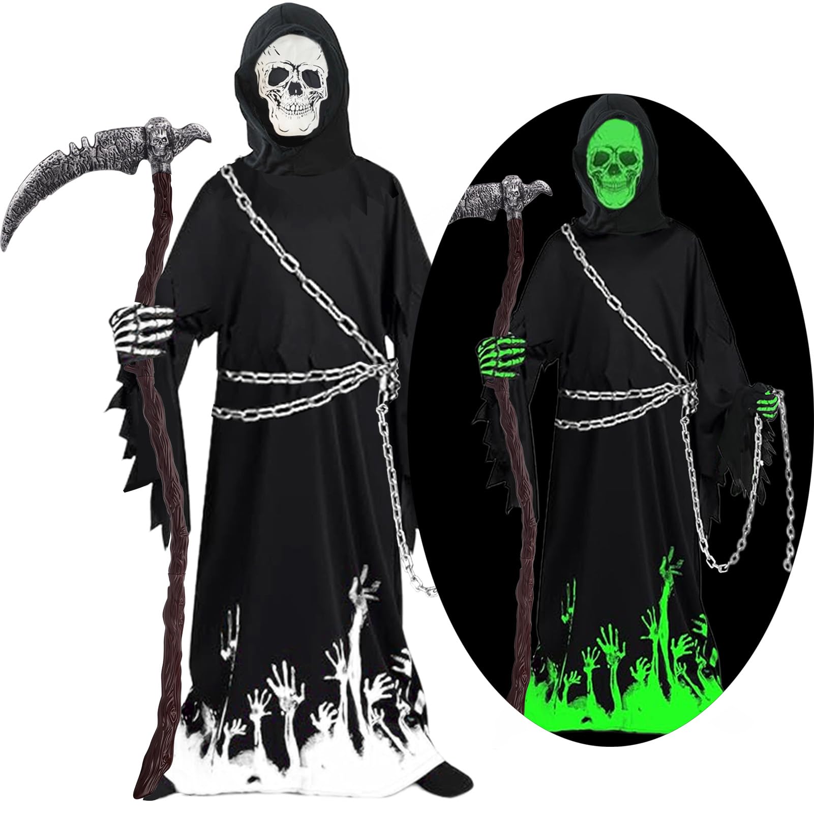 Kostium Grim Reaper dla dzieci z kosą i łańcuszkiem w talii, Deluxe Glow in The Dark Halloween kostium chłopca ponury żniwiarz Grim Reaper kostium na Halloween, karnawał, fantazyjny strój