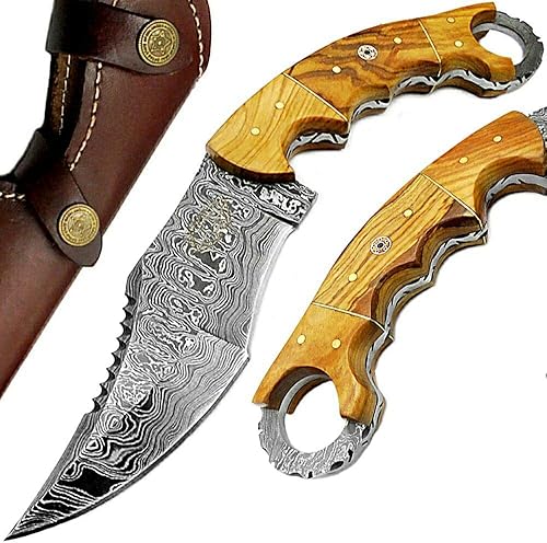 Cuchillo de caza de madera de olivo 9.5 '' Cuchillo hecho a mano de hoja fija de acero de Damasco Karambit Cuchillo de caza para uso Pesca Caza