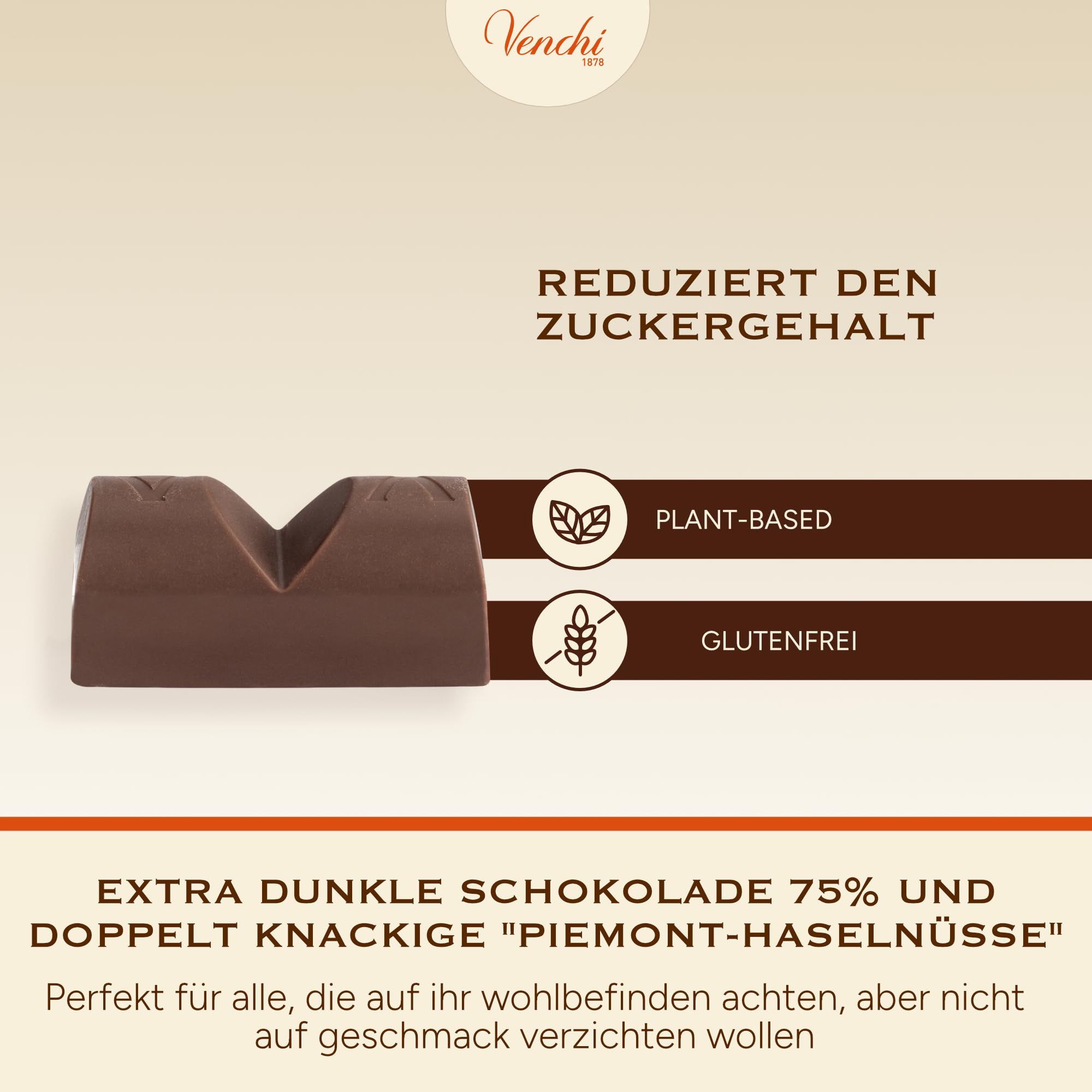 Venchi – Schokobarren Haselnuss Extra Dunkel NO Added Sugar, 1 kg – Mit ganzen Piemont-Haselnüssen – Glutenfrei – Vegan