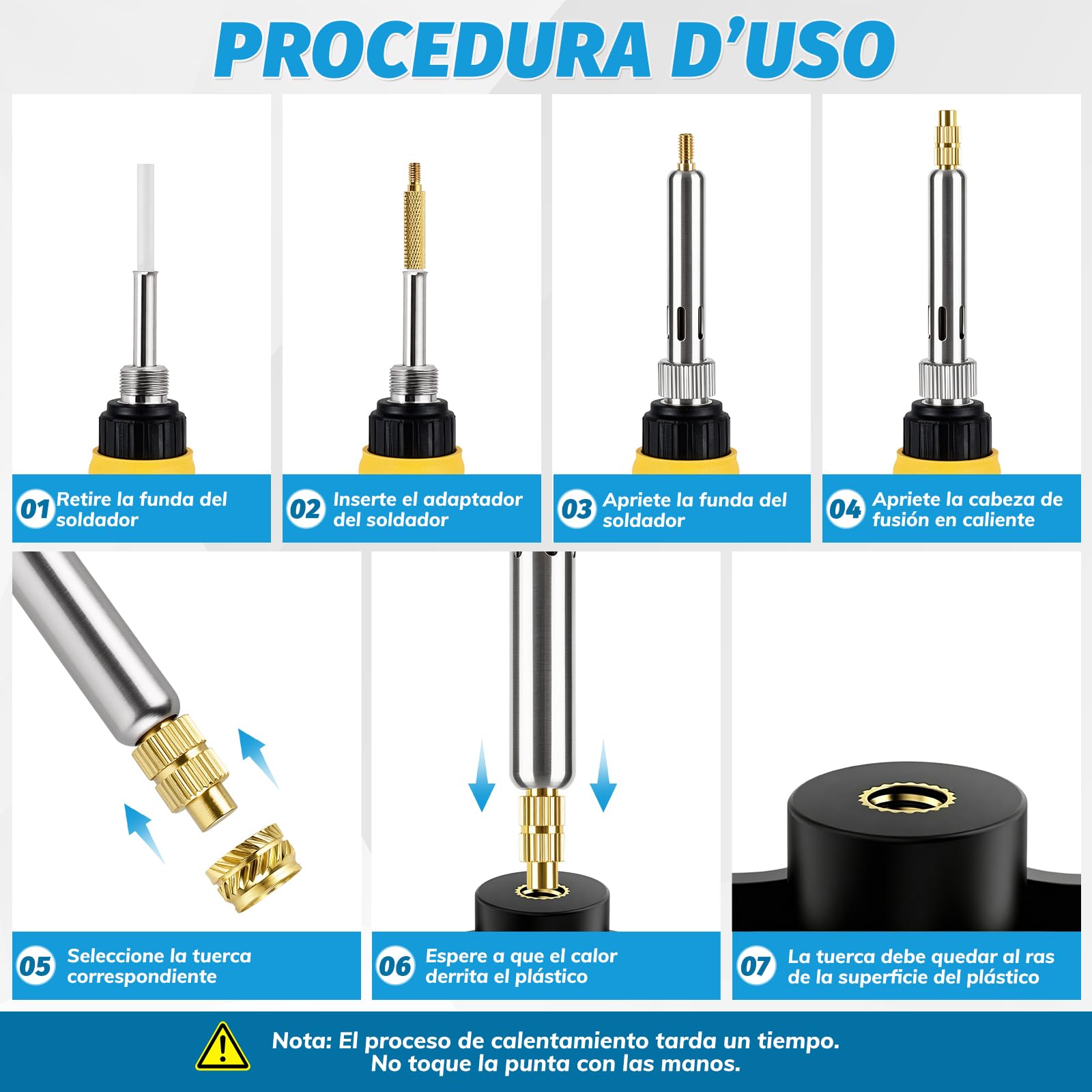 Insertos Roscados 400 pcs con Soldador 80W, Temperatura Ajustable 180–500°C, 7 Puntas, M2/M2.5/M3/M4/M5/M6/M8 para Impresión 3D y Plástico