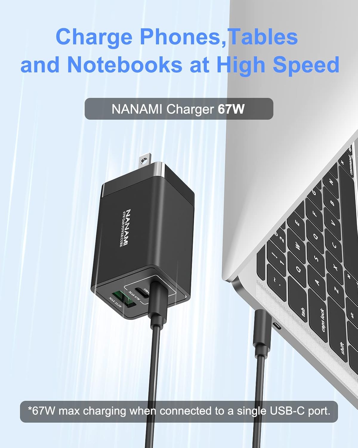 NANAMI 65W USB C charger connected to a laptop, indicating fast charging