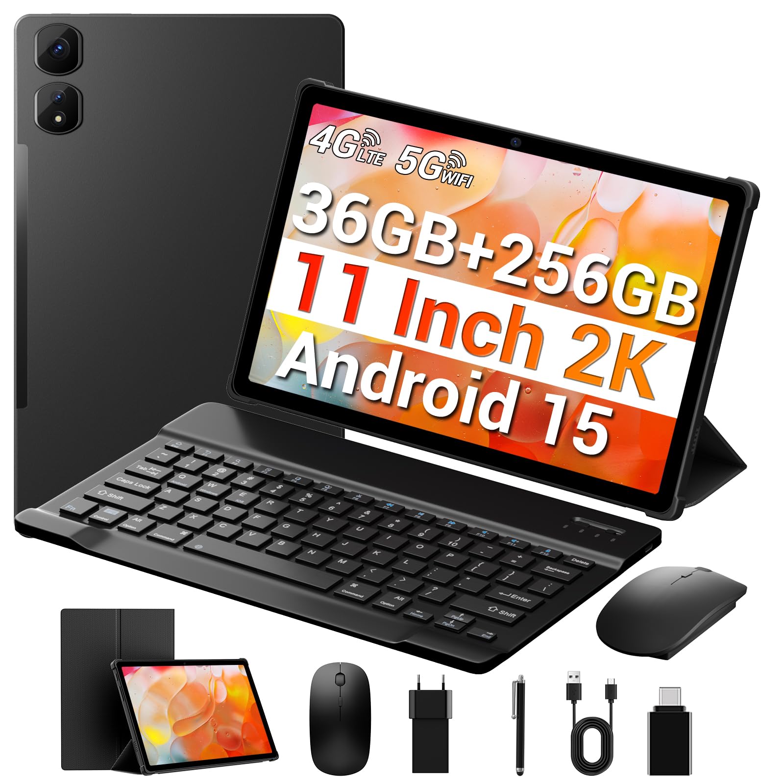 MAXLEGEN Android Tablet Android 15, 11 Pollici 2K FHD (2000x1200), 36GB+256GB/1TB TF, 4G LTE SIM+5G WiFi, Octa-Core, 9580mAh, 13MP, GPS, Tastiera/Mouse/Penna/Case Inclusa