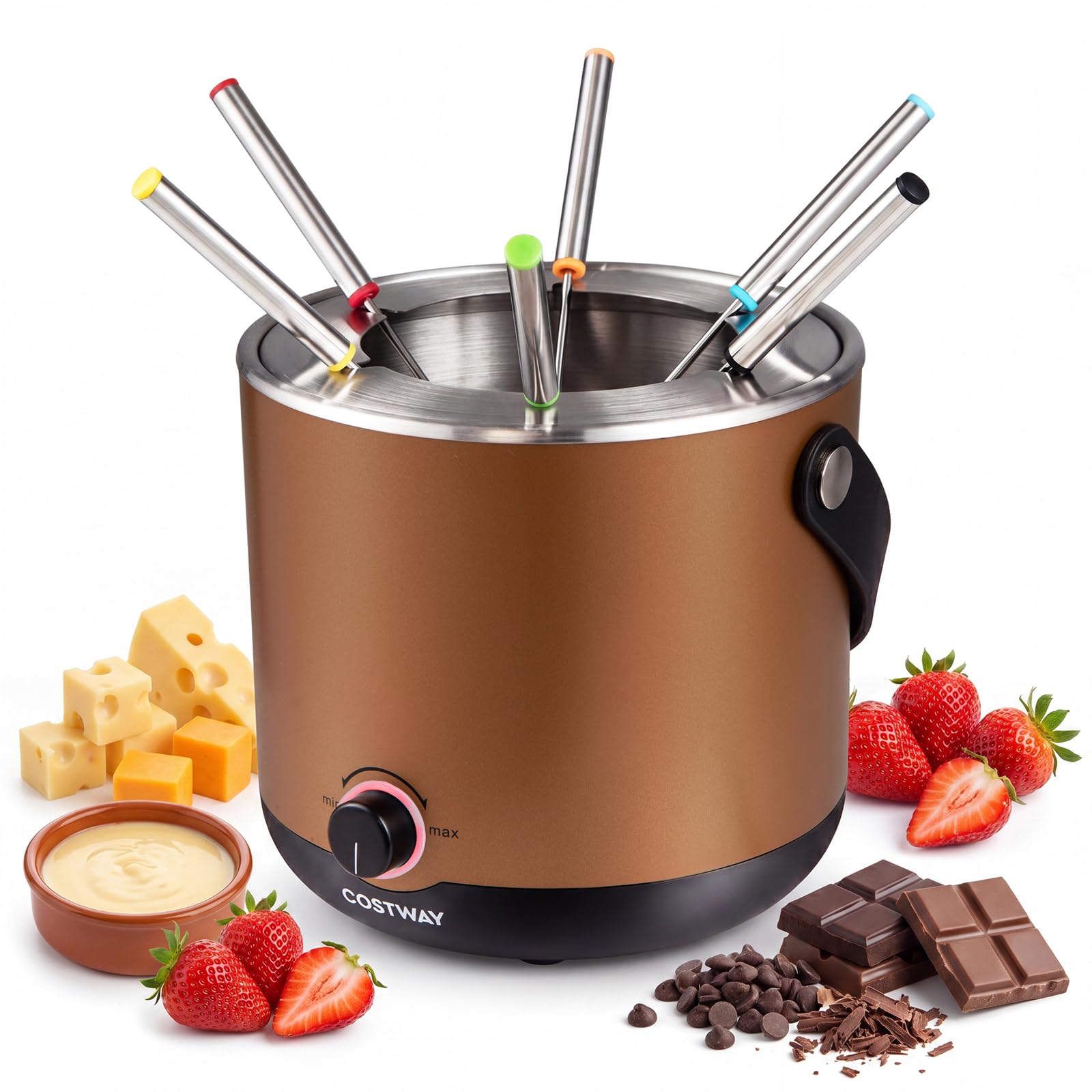 COSTWAY Appareil à Fondue Électrique 2L 6 Fourchettes Inox, Service à Fondue 800W pour 6 personnes avec Thermostat Réglable, Bol Amovible, Couvercle Antiprojection, pour Fromage, Chocolat, Bouillon