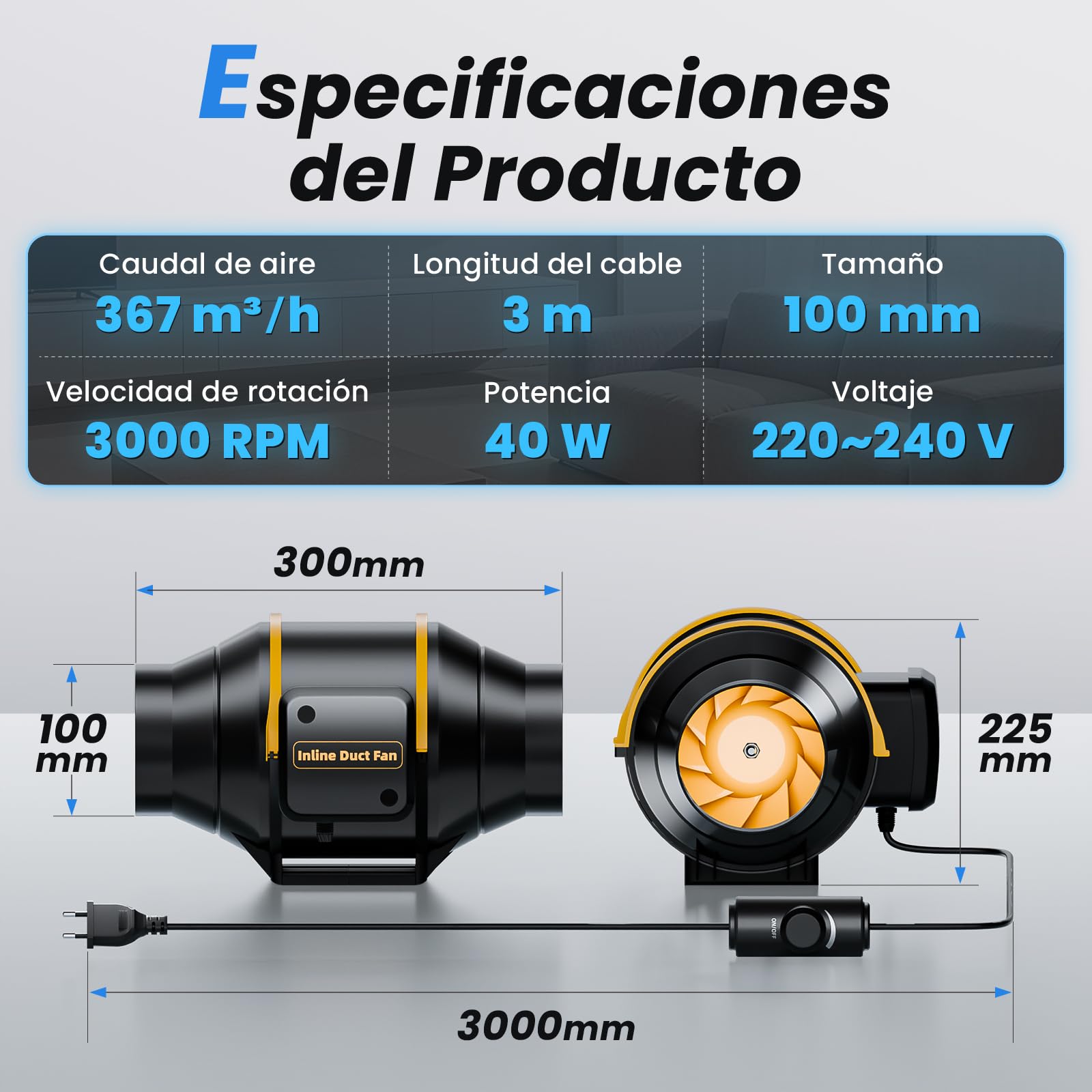 Ventilador de Conducto 100 mm Regulable con Control de Velocidad, Extractor Silencioso en Línea, Motor con Protección contra Sobrecalentamiento, Enchufe UE, Cable 3 m
