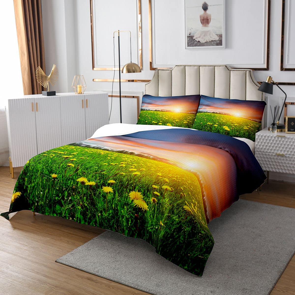 Loussiesd Copriletto trapuntato a margherita, con motivo floreale, trapuntato, per bambini, adulto, fiori, set di copriletto, set di 3 pezzi, con 2 federe per letto240x220cm