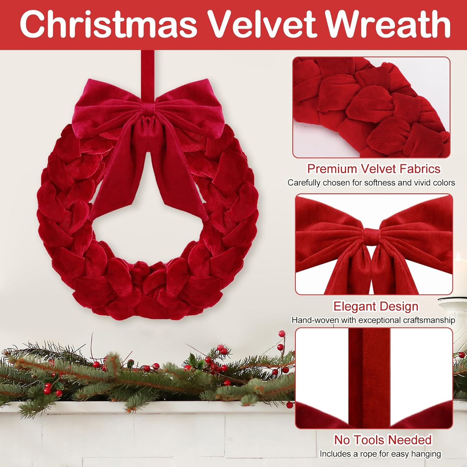 2 Pcs Christmas Velvet Wreath 13" Christmas Decorations Front Door Wreath Decor Christmas Wreath Ornament with Bow for Outdoor Indoor Party Table Fireplaces Porch Walls New Years (Red)