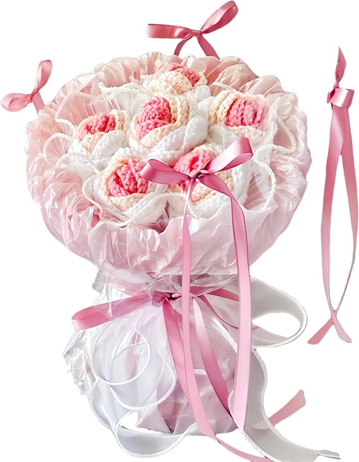 LOEVEN Crochet Flowers, Six Ribbon Rose, Crochet Flower Bouquet, Carnation, Preserved Flower, Handmade Knitted Bouquet for Mother Birthday Home Decor Girlfriend (Pink)