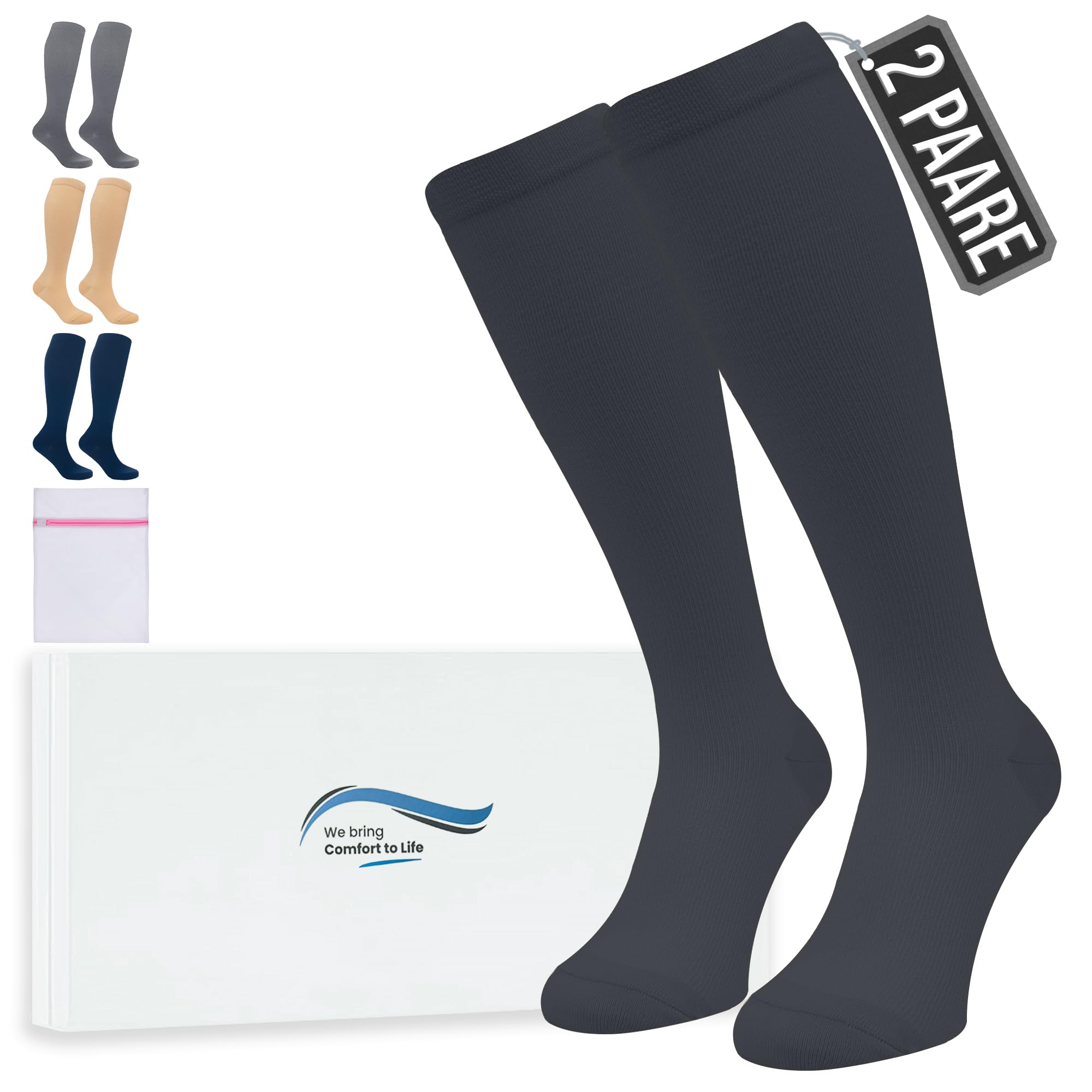 360 Relief Kompressionsstrümpfe Damen und Herren - 2 Paare Stützstrümpfe für Sport, Laufen, Flug, Reise, Joggen, Radsport - Thrombosestrümpfe L/XL Schwarz mit Wäschenetz