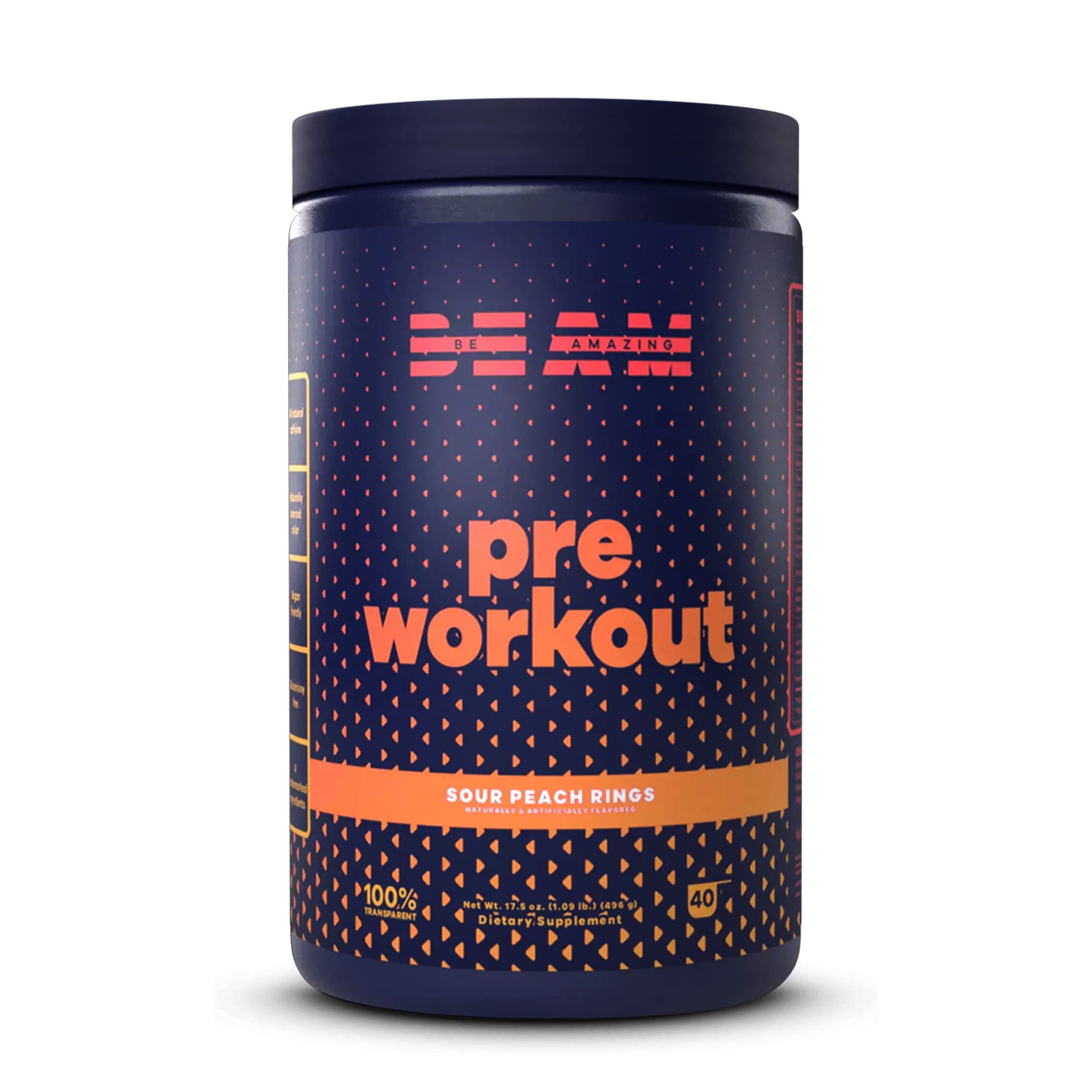 BEAMBe Amazing Vegan Pre-Workout Powder | Energy Booster Powdered Drink with All-Natural Caffeine, No Crash, No Jitters | Gluten-Free Supplement with Adaptogens | Sour Peach Rings, 40 Scoops