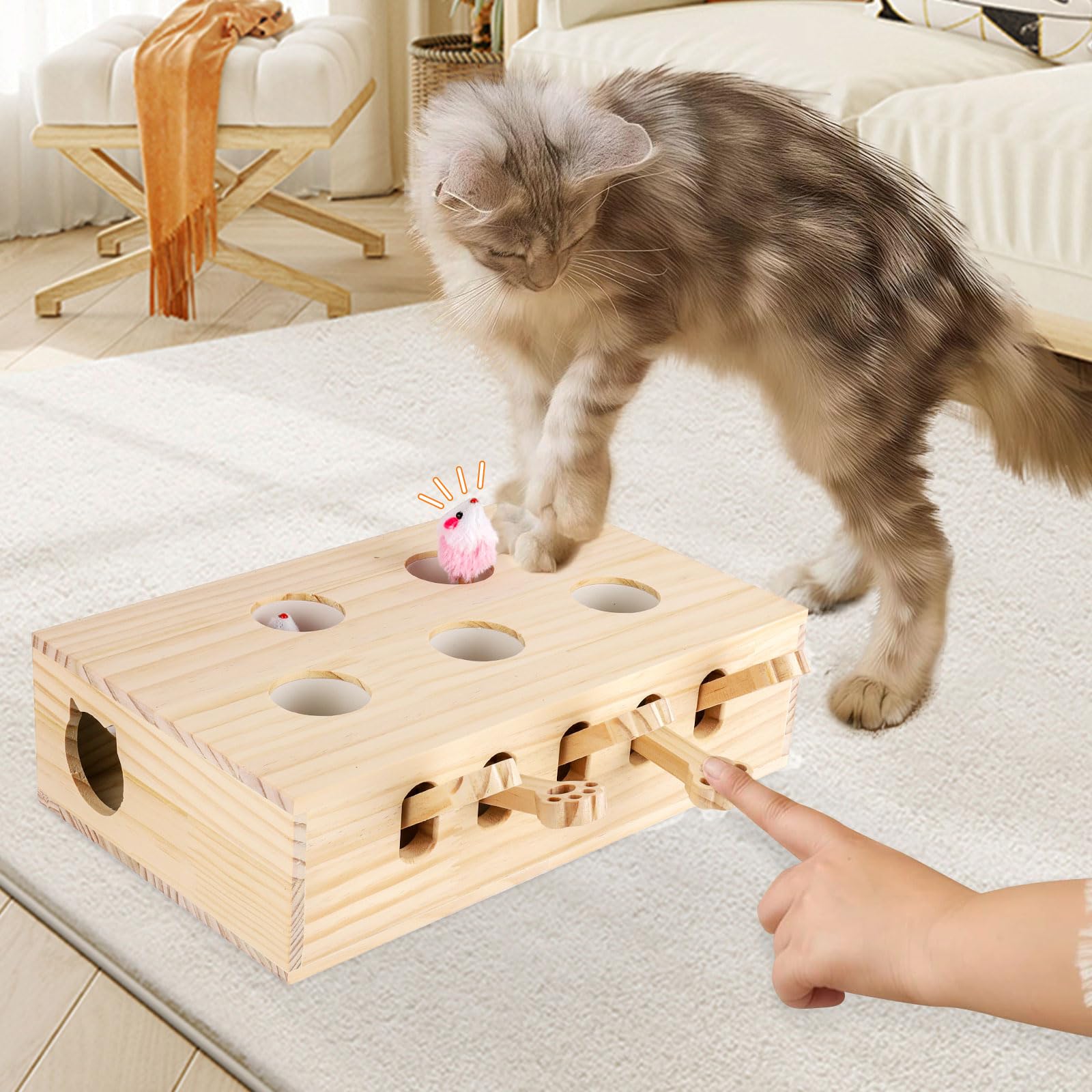 Interaktives Katzenspielzeug Holz Spielzeug, Maulwurf Maus, Puzzle Box mit Spielzeugen für Katzen, Jagd, Spielen, Trainieren Kratzen 5 Löcher perfekt für Indoor-Übung und Spaß (Holzfarbe)