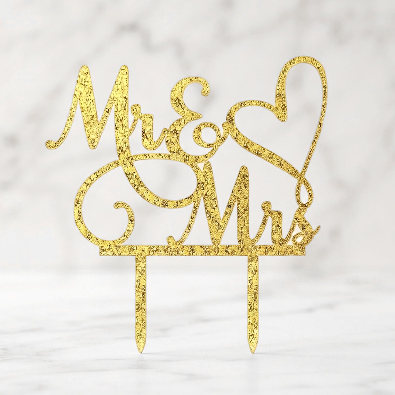 Gold Glitter Mr & Mrs Love Heart Cake Topper for Weddings