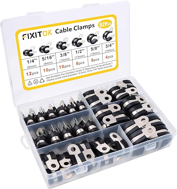 Cable Clamps Assortment Kit, FIXITOK 52pcs 304 Stainless Steel Rubber