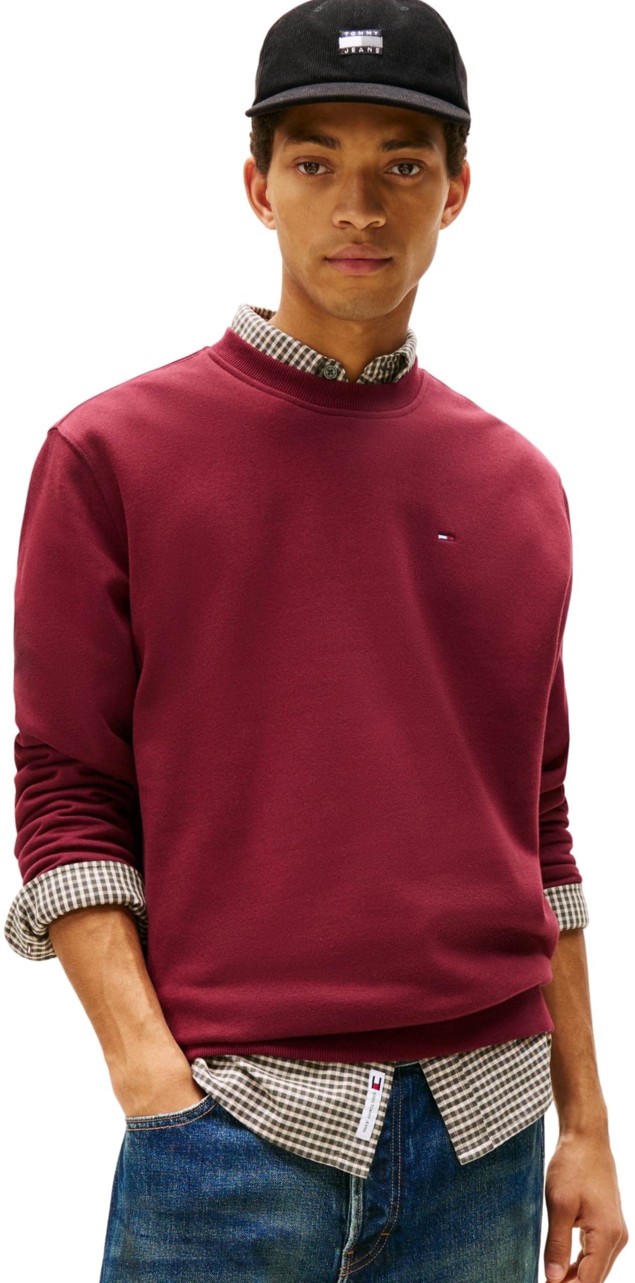 Tommy Jeans Herren Sweatshirt Regular Fit Flag Fleece Rundhalsausschnitt, Rot (Red Wine), XS
