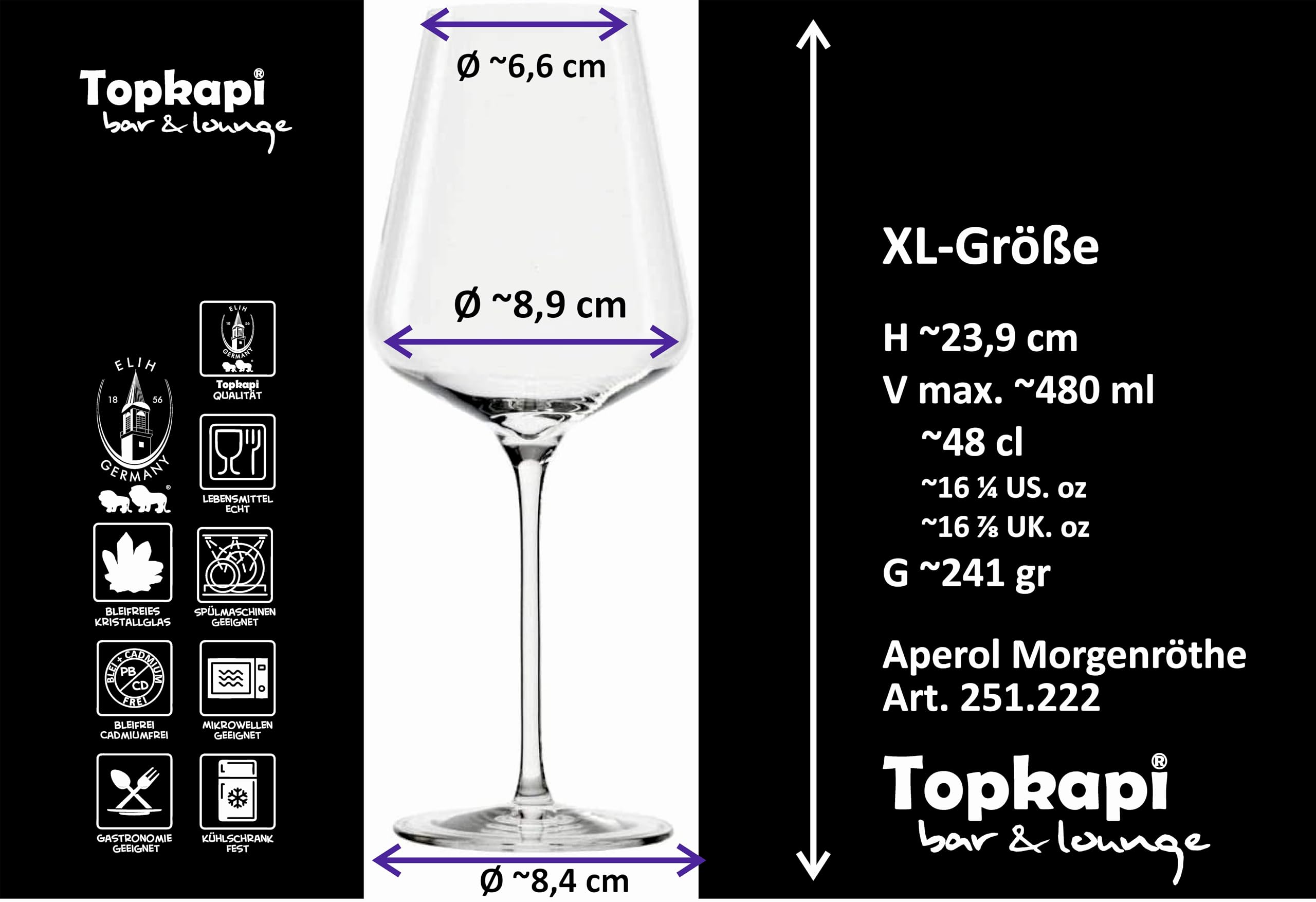 Topkapi Aperol Spritz - Set di 6 bicchieri da aperol in vetro professionale per Aperol Spritz, Lillet, Hugo, Amalfi, cocktail