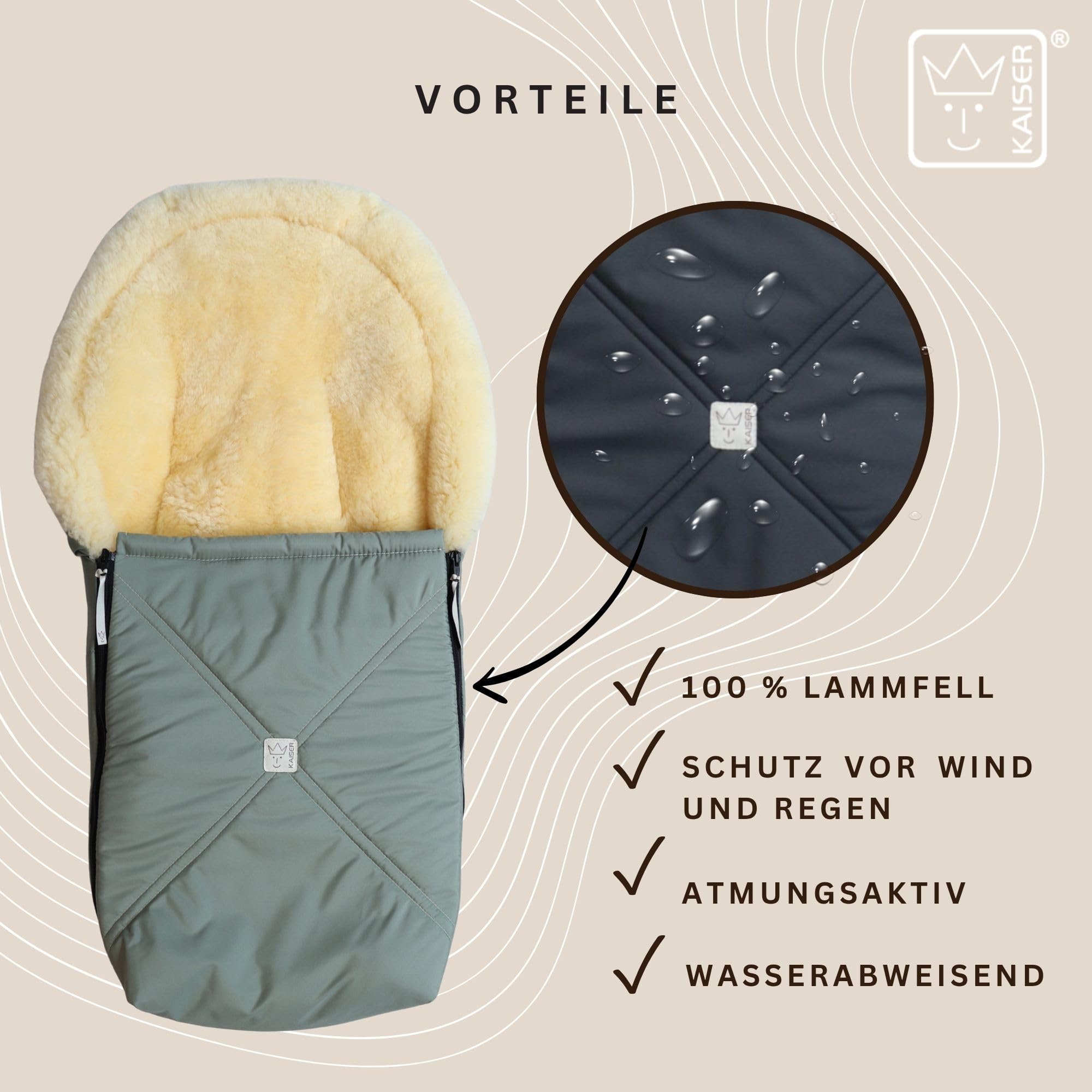 KAISER Emmy Lammfell-Fußsack für Babyschalen, 80 x 37 cm, Abnehmbares Oberteil mit 2-Wege-Reißverschluss (salbei green)