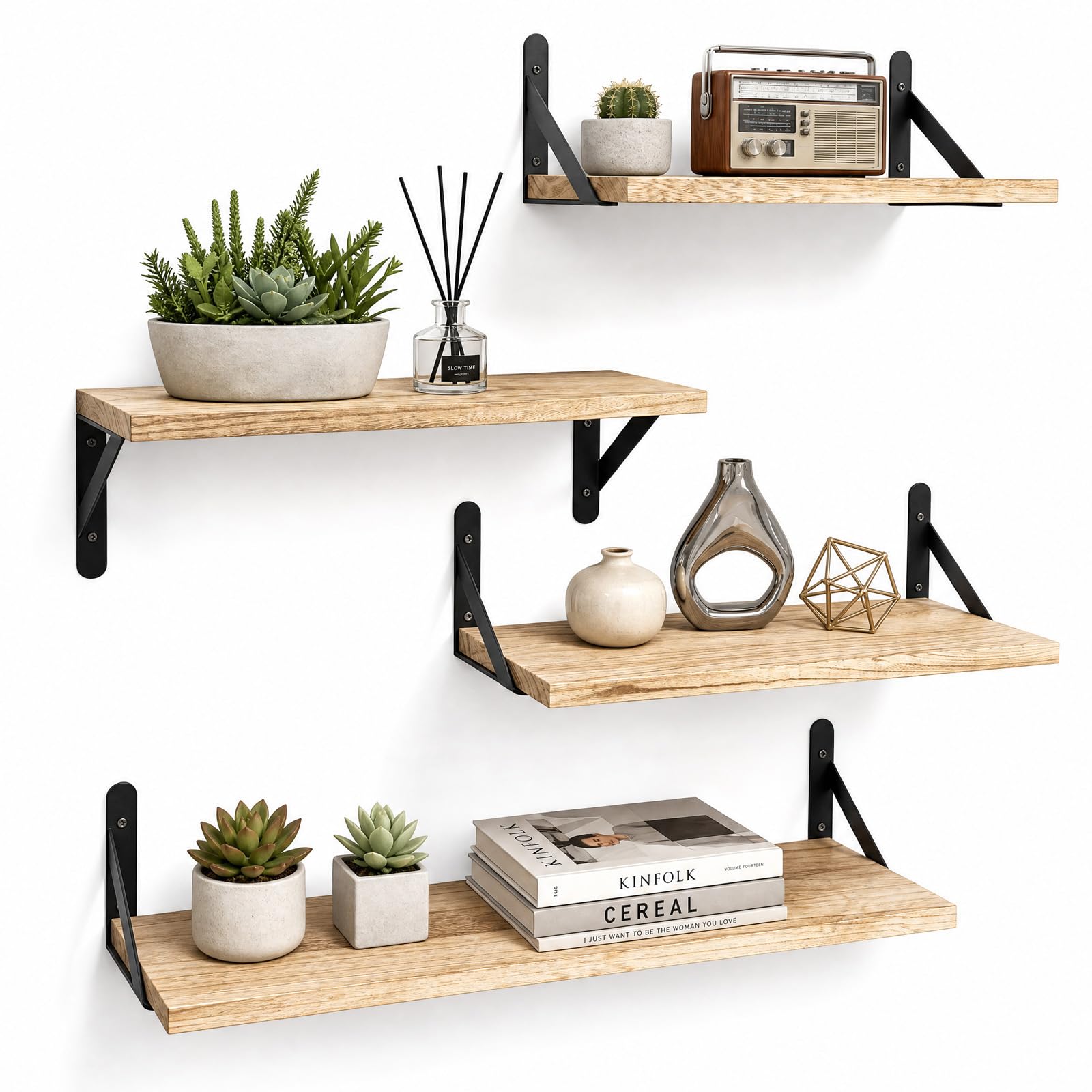 Levede Floating Shelves for Wall, Wooden Wall Shelves Set of 4, Solid Paulownia Wood Wall Mounted Floating Shelves Storage Display Shelves for Bedroom, Kitchen, Bathroom, Brown