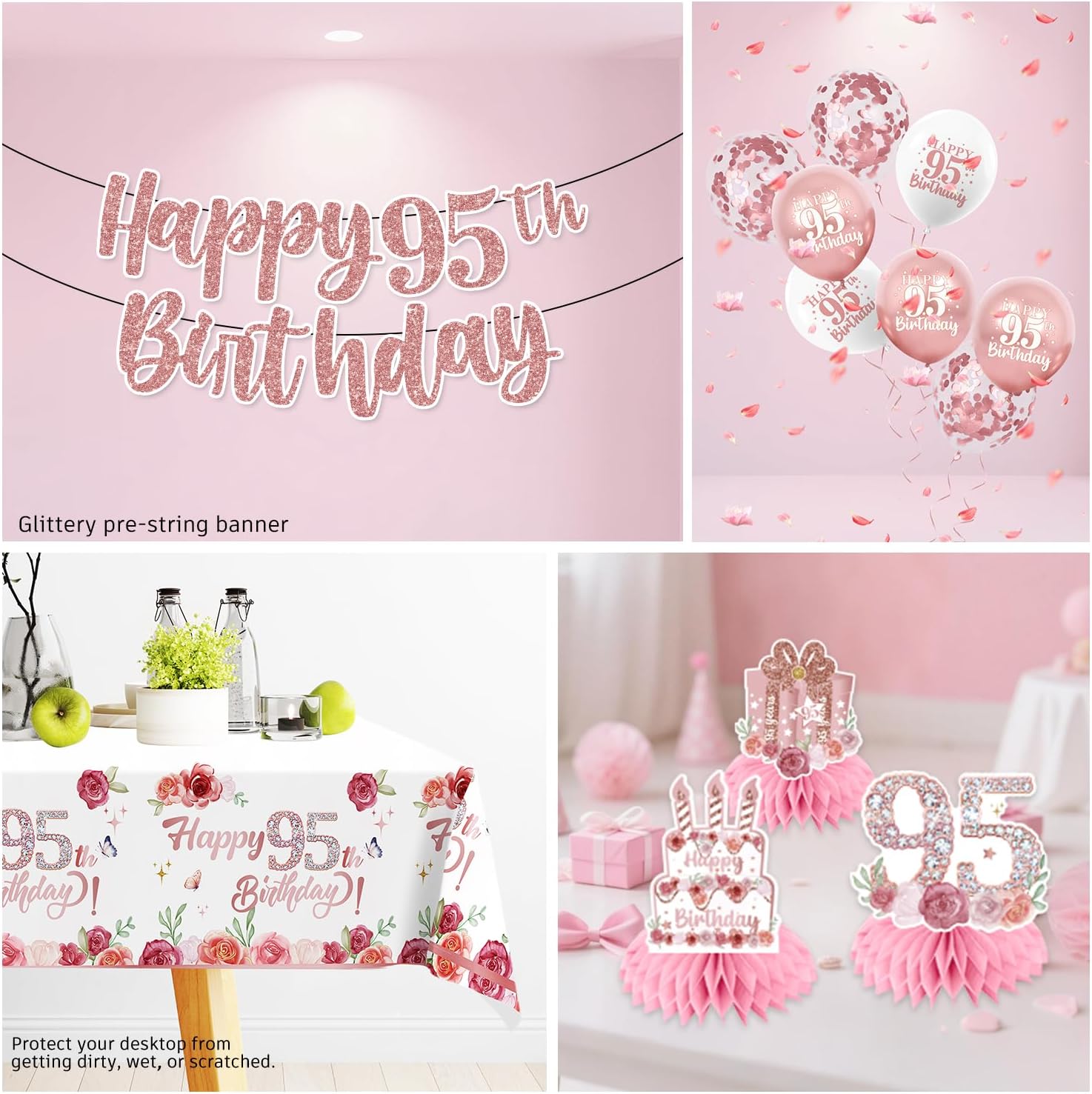 200pcs 95th Birthday Decorations, Fabulous 95th Birthday Plates and Napkins Set with Pre-threaded Banner Tablecloths and Cupcake Toppers Floral 95th Birthday Decorations Serve 25 - Image 2
