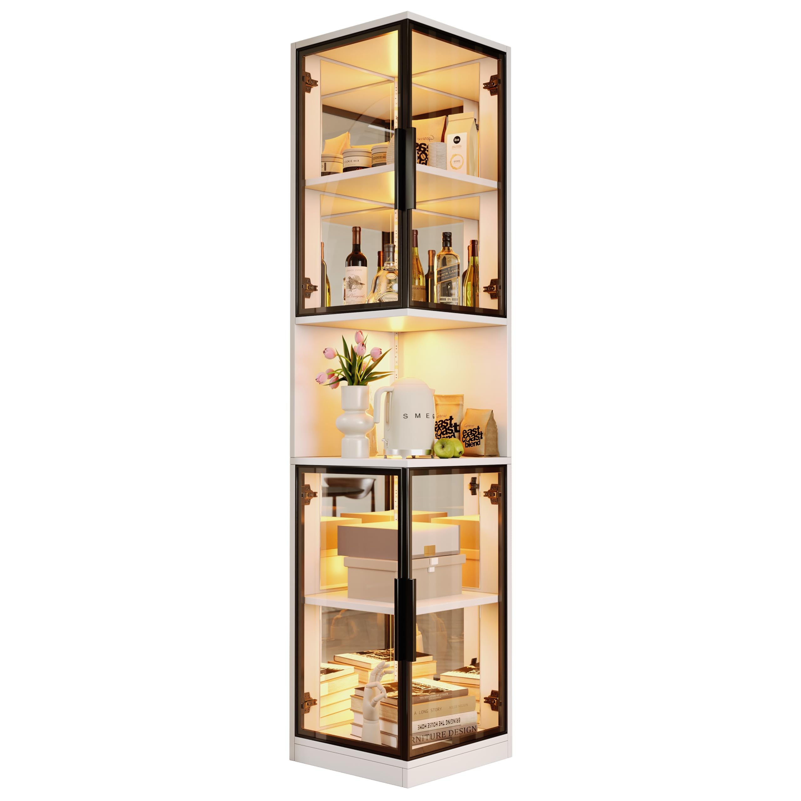 LED-Glasvitrine, 205 cm hoch, mit Glastüren und Spiegelrückwand