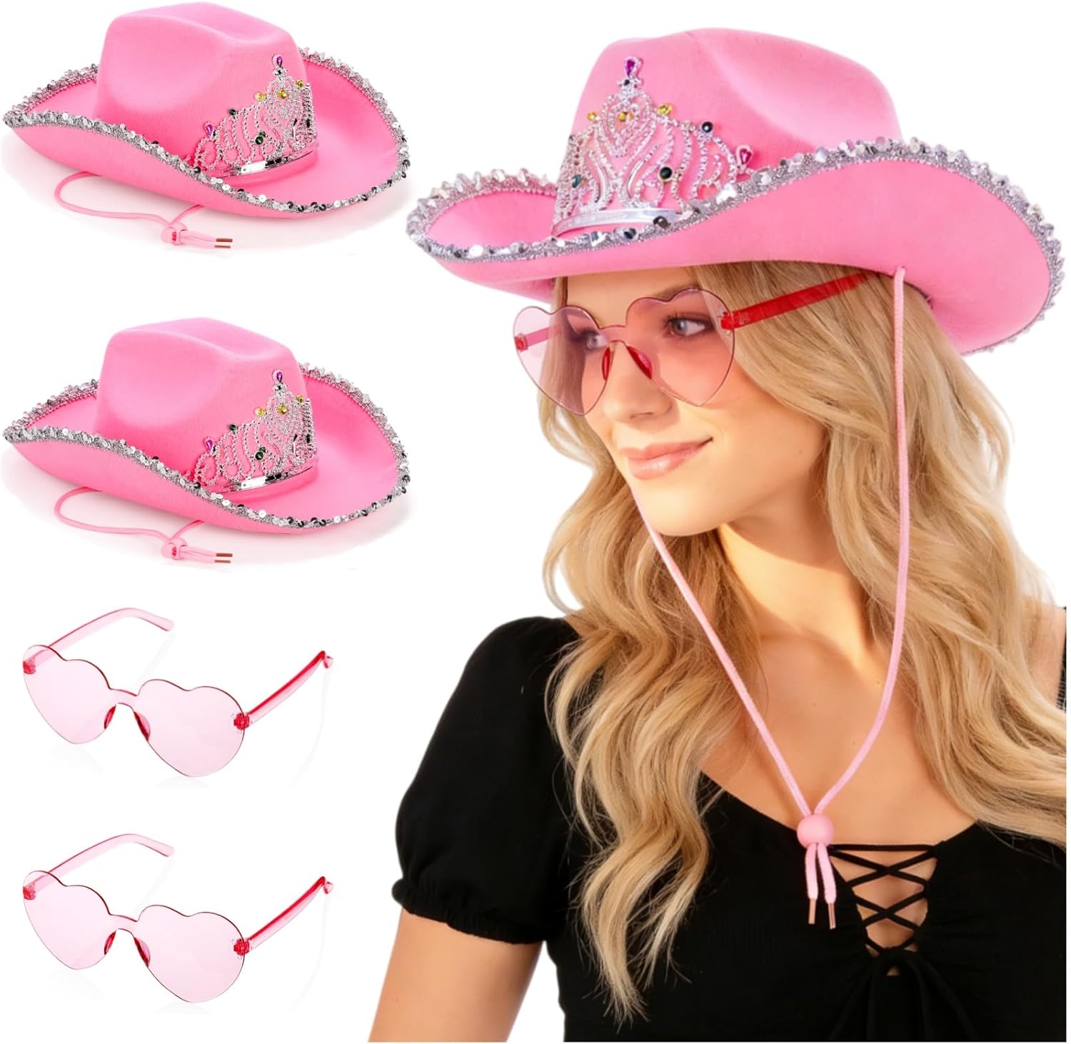 2 Pack Pink Cowgirl Hat with 2 Pcs Heart Glasses, Pink Sequin Cowboy Princess Hat with Crown Tiara Design, Halloween Western Women Costume Accessories, Fun Party Hats and Goggles for Adults
