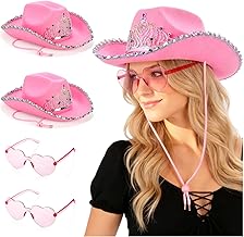 2 Pack Pink Cowgirl Hat with 2 Pcs Heart Glasses, Pink Sequin Cowboy Princess Hat with Crown Tiara Design, Halloween Western Women Costume Accessories, Fun Party Hats and Goggles for Adults