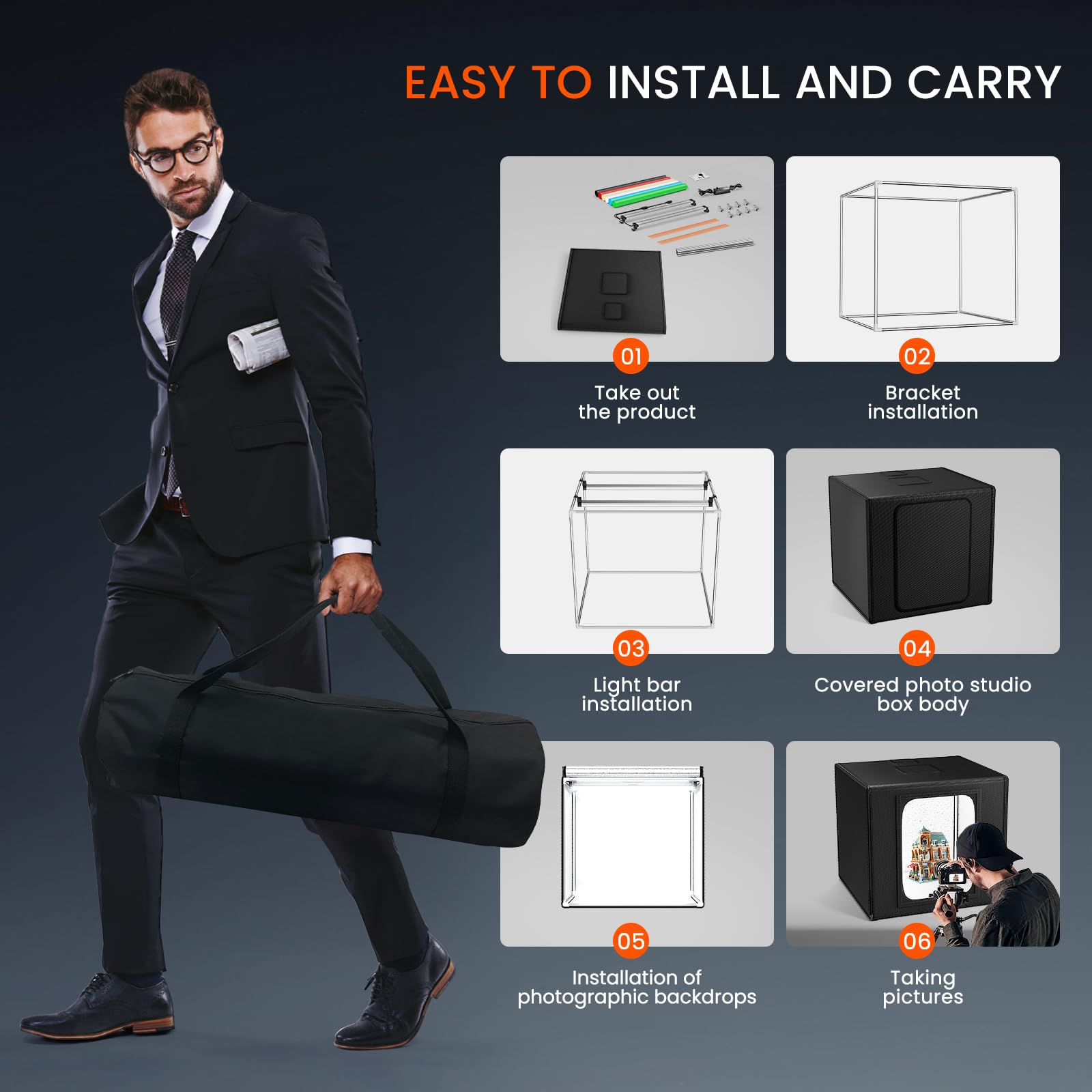 RALENO Fotobox 60x60 cm Lichtbox Faltbare Fotostudio Set für Produktfotografie mit Einstellbarem Licht LED inkl. 6 Wasserdichten PVC Produktfotografie Hintergründe