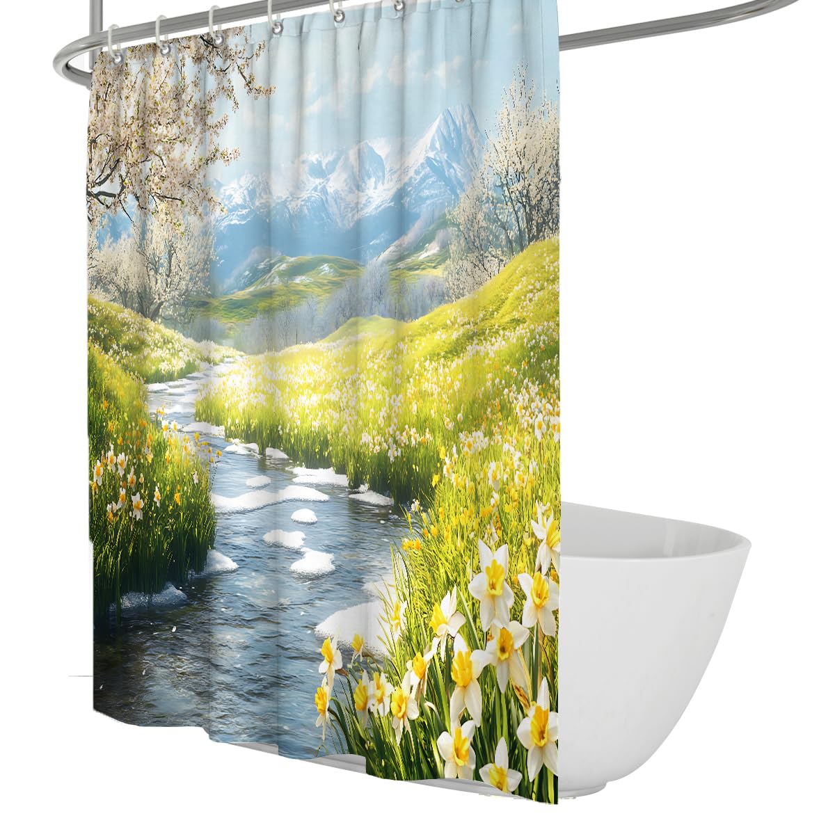 UERWOWELL Fresh Spring Nature Landscape Shower Curtain Sunny Blue Sky Clouds Glacier Peak Botanical Wildflower Shower Curtain Washable Polyester W120xL200 cm